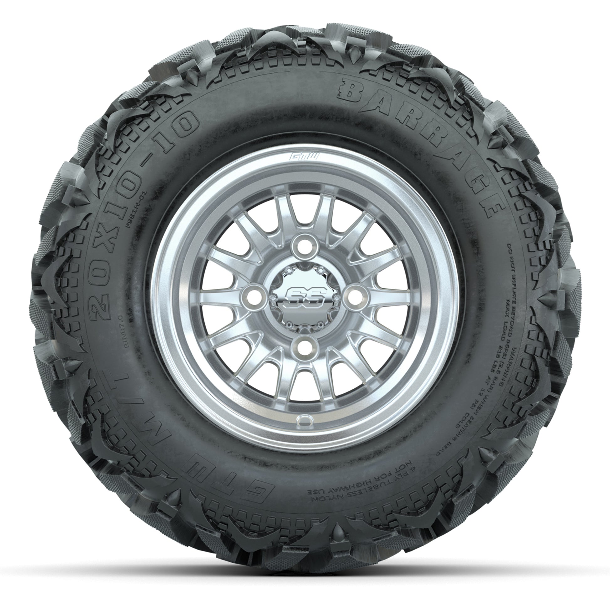 GTW Medusa Silver/Machined 10 in Wheels with 20x10-10 Barrage Mud Tires – Full Set