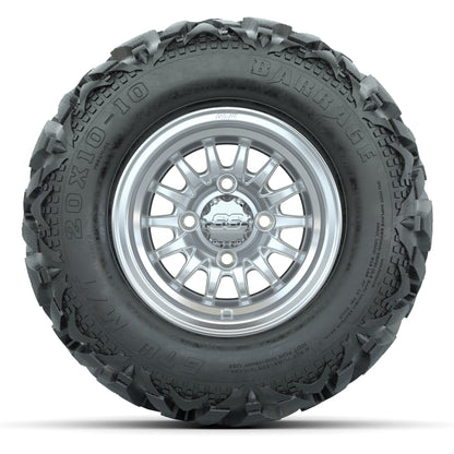 GTW Medusa Silver/Machined 10 in Wheels with 20x10-10 Barrage Mud Tires – Full Set