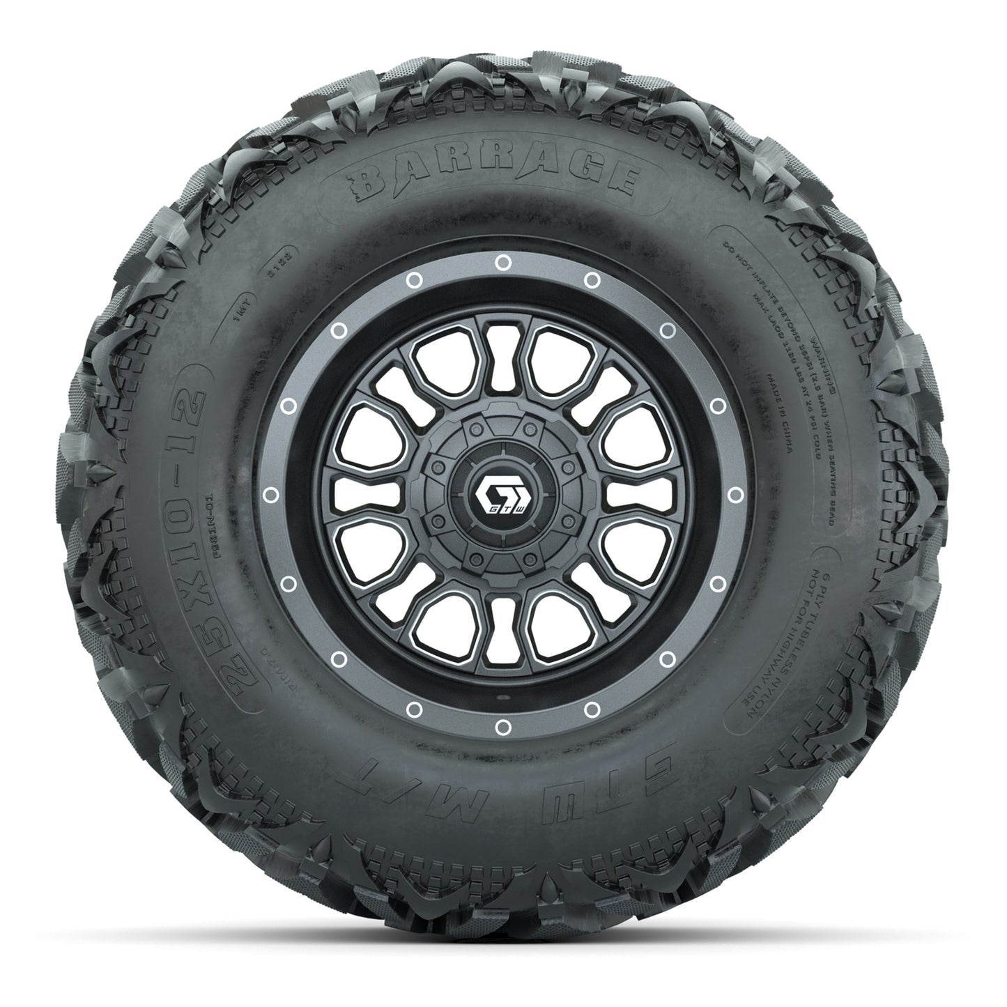 GTW® Volt Gunmetal 12 in Wheels with 25X10-12 Barrage Mud Tires – Full Set