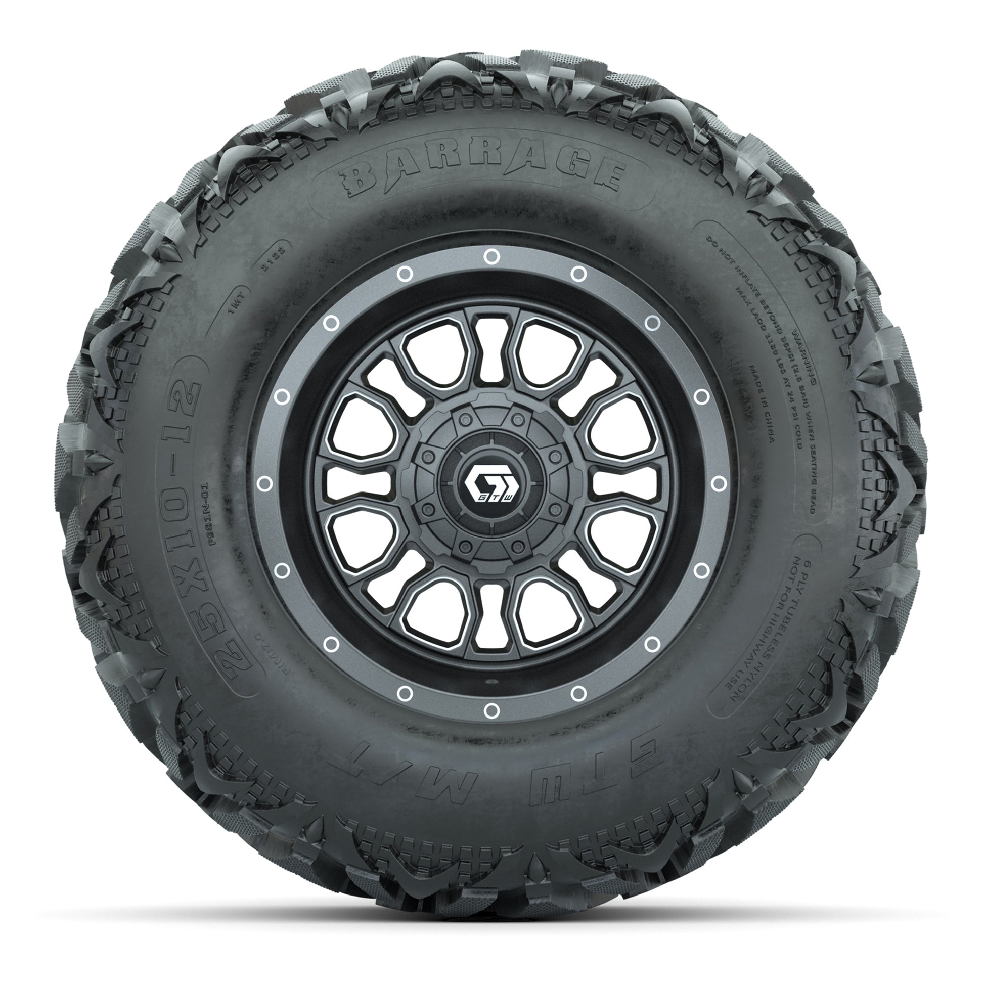 GTW® Volt Gunmetal 12 in Wheels with 25X10-12 Barrage Mud Tires – Full Set