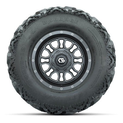 GTW® Volt Gunmetal 12 in Wheels with 25X10-12 Barrage Mud Tires – Full Set