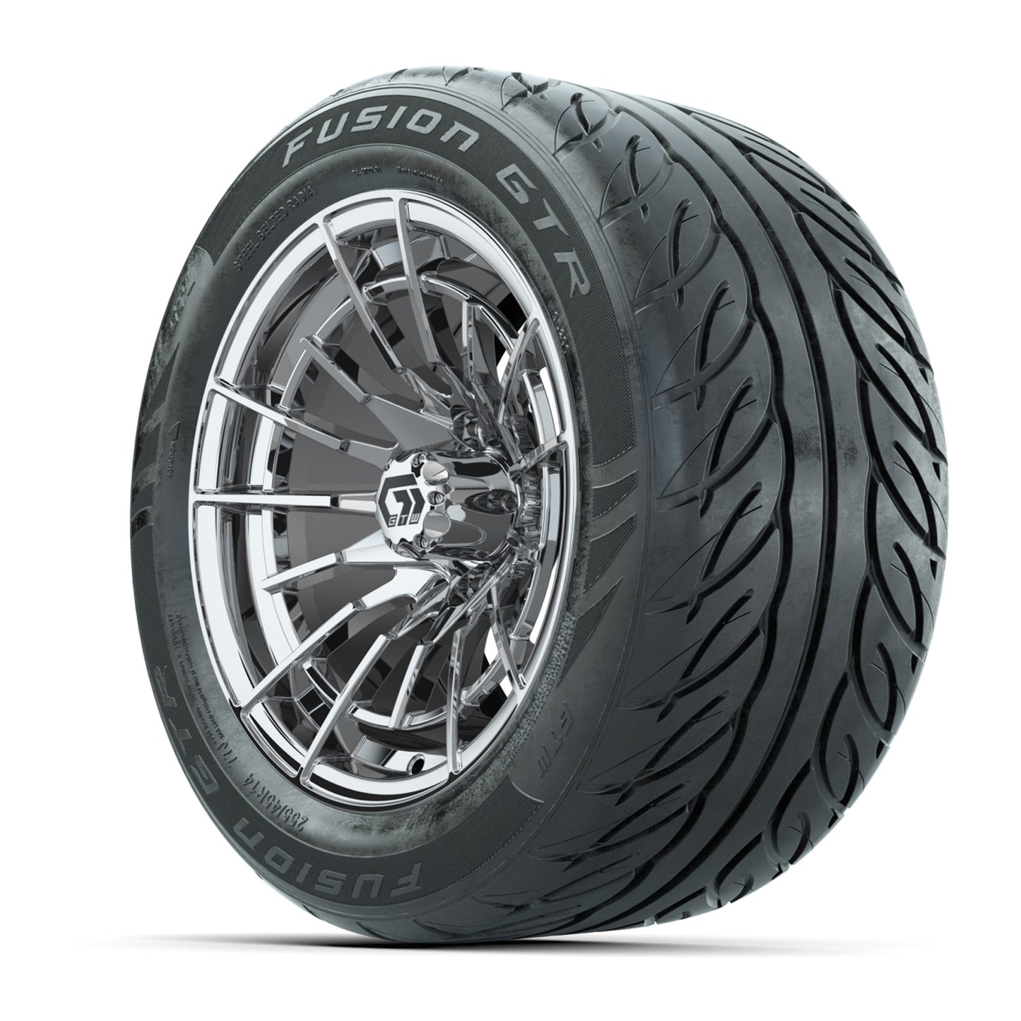 GTW® Boost Chrome 14 in Wheels with 255/45-R14 Fusion GTR Steel Belt Radial Street Tires – Full Set