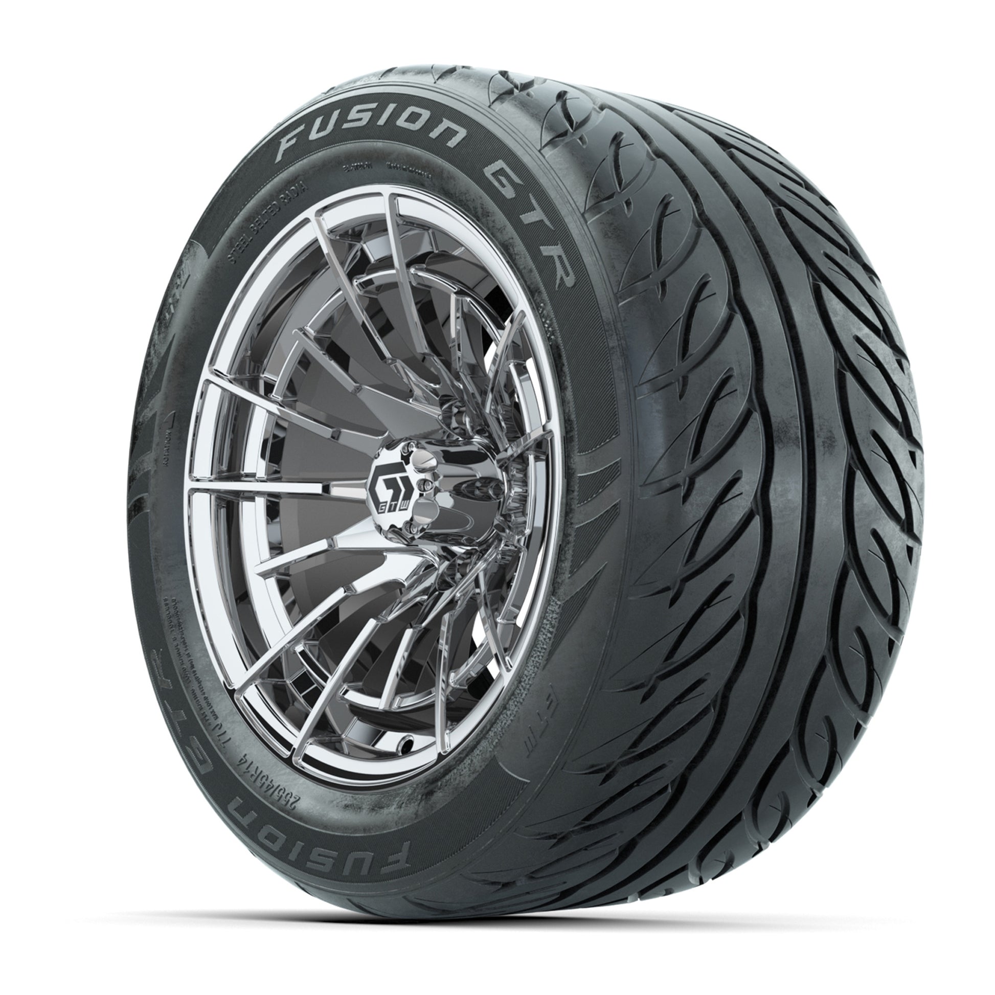 GTW® Boost Chrome 14 in Wheels with 255/45-R14 Fusion GTR Steel Belt Radial Street Tires – Full Set