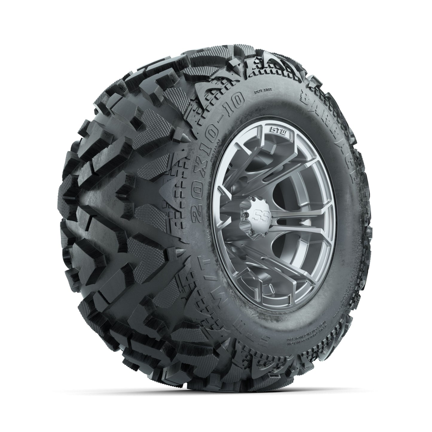 GTW Spyder Silver Brush 10 in Wheels with 20x10-10 Barrage Mud Tires - Full Set