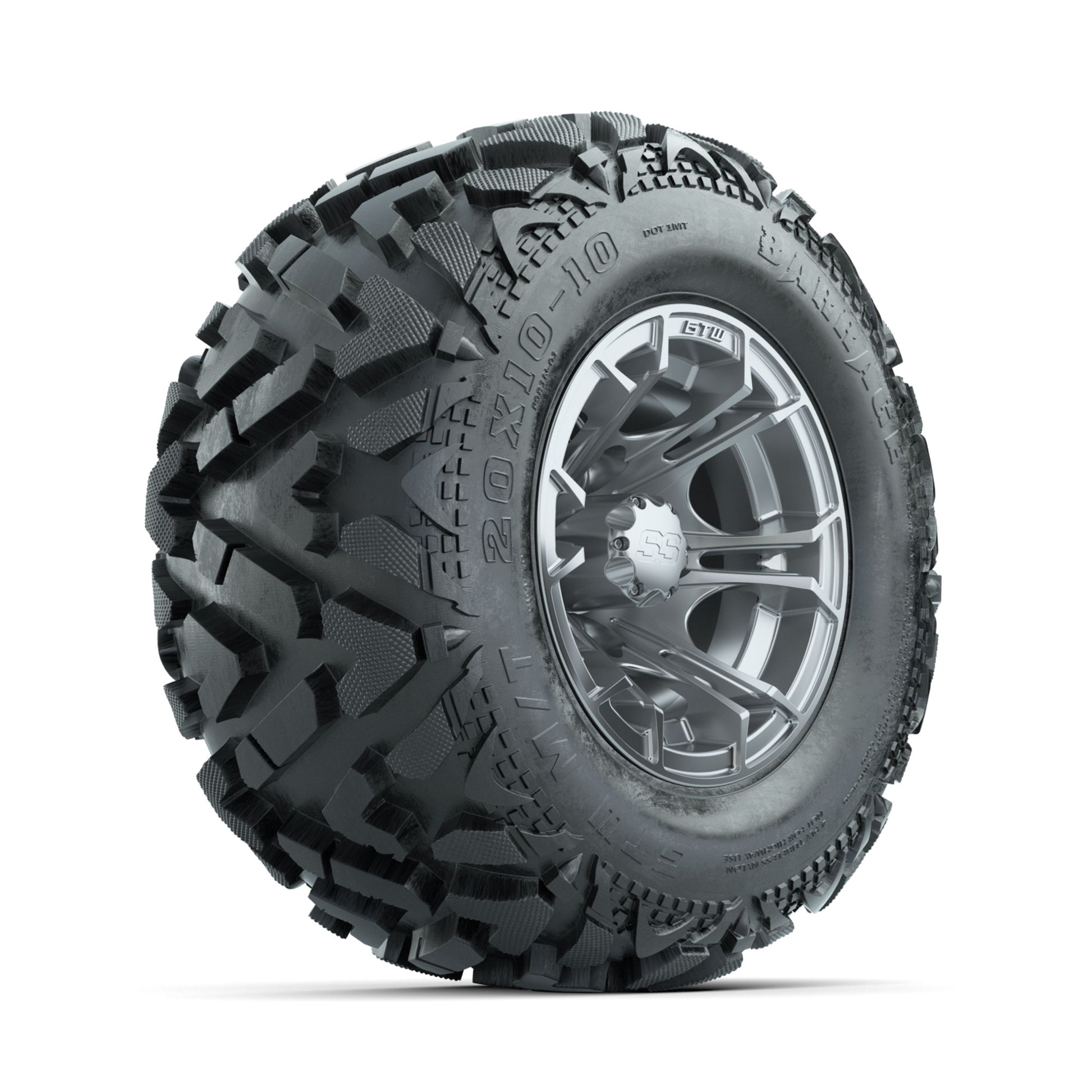 GTW Spyder Silver Brush 10 in Wheels with 20x10-10 Barrage Mud Tires - Full Set