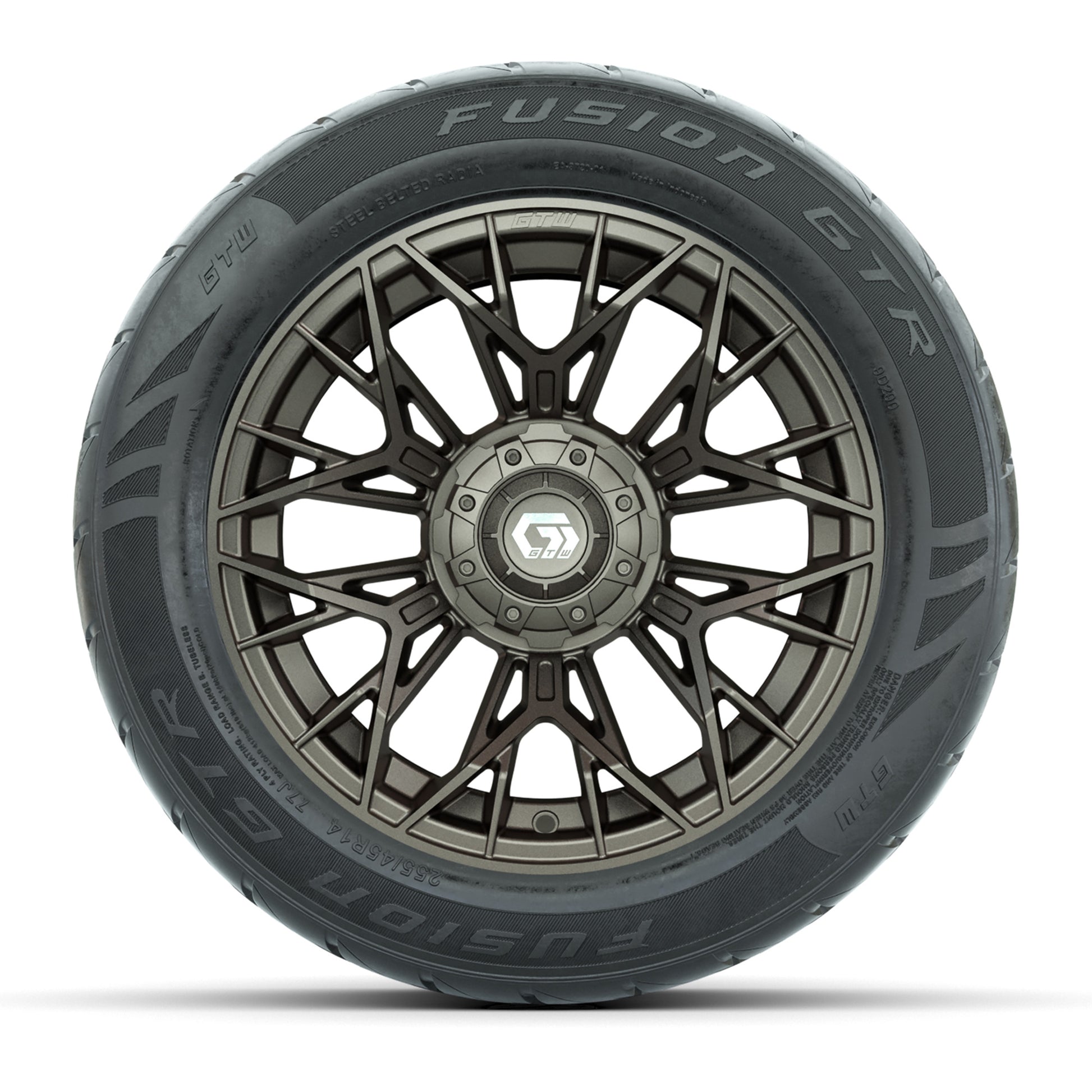 GTW® Stellar Matte Bronze 14 in Wheels with 255/45-R14 Fusion GTR Steel Belt Radial Street Tires – Full Set