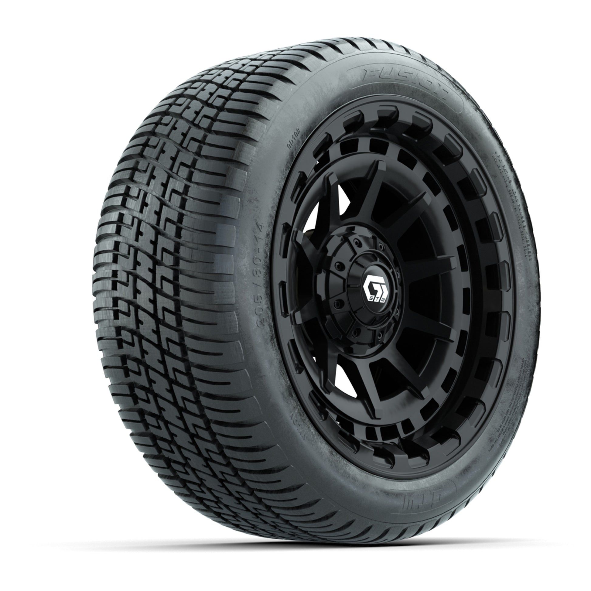 GTW® Barricade Gloss Black 14 in Wheels with 205/30-14 Fusion Street Tires – Full Set