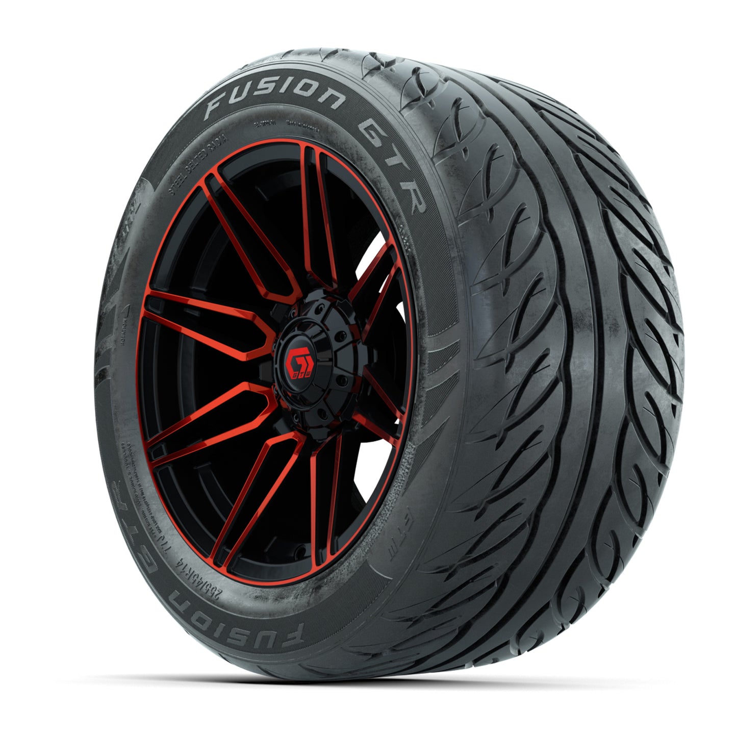 GTW® Stealth Red/Machined 14 in Wheels with 255/45-R14 Fusion GTR Steel Belt Radial Street Tires – Full Set