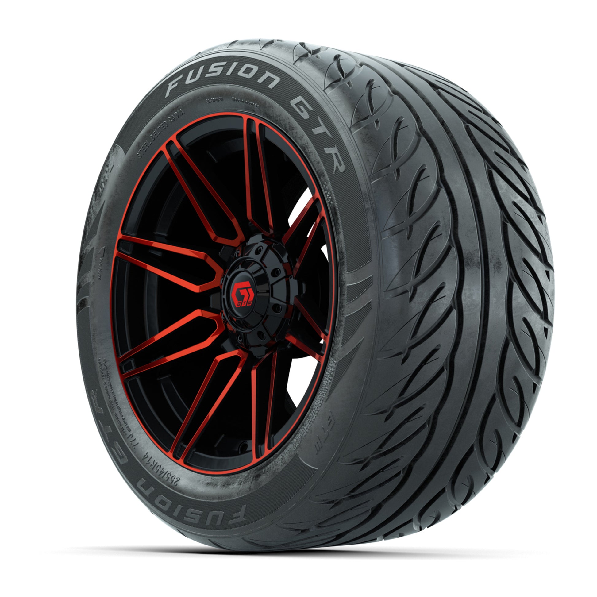 GTW® Stealth Red/Machined 14 in Wheels with 255/45-R14 Fusion GTR Steel Belt Radial Street Tires – Full Set
