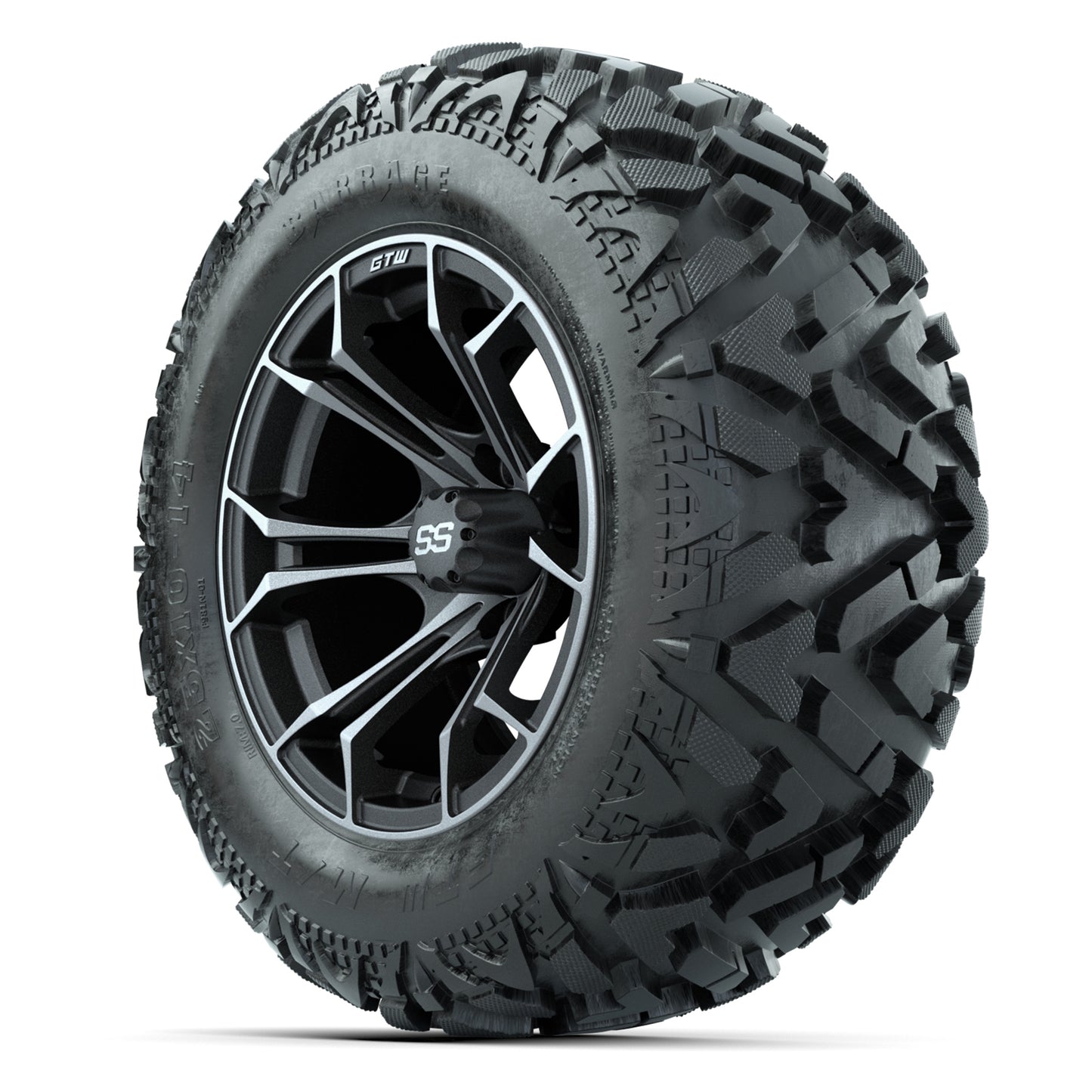 GTW Spyder Matte Gray/Machined 14 in Wheels with 25x10-14 Barrage Mud Tires – Full Set