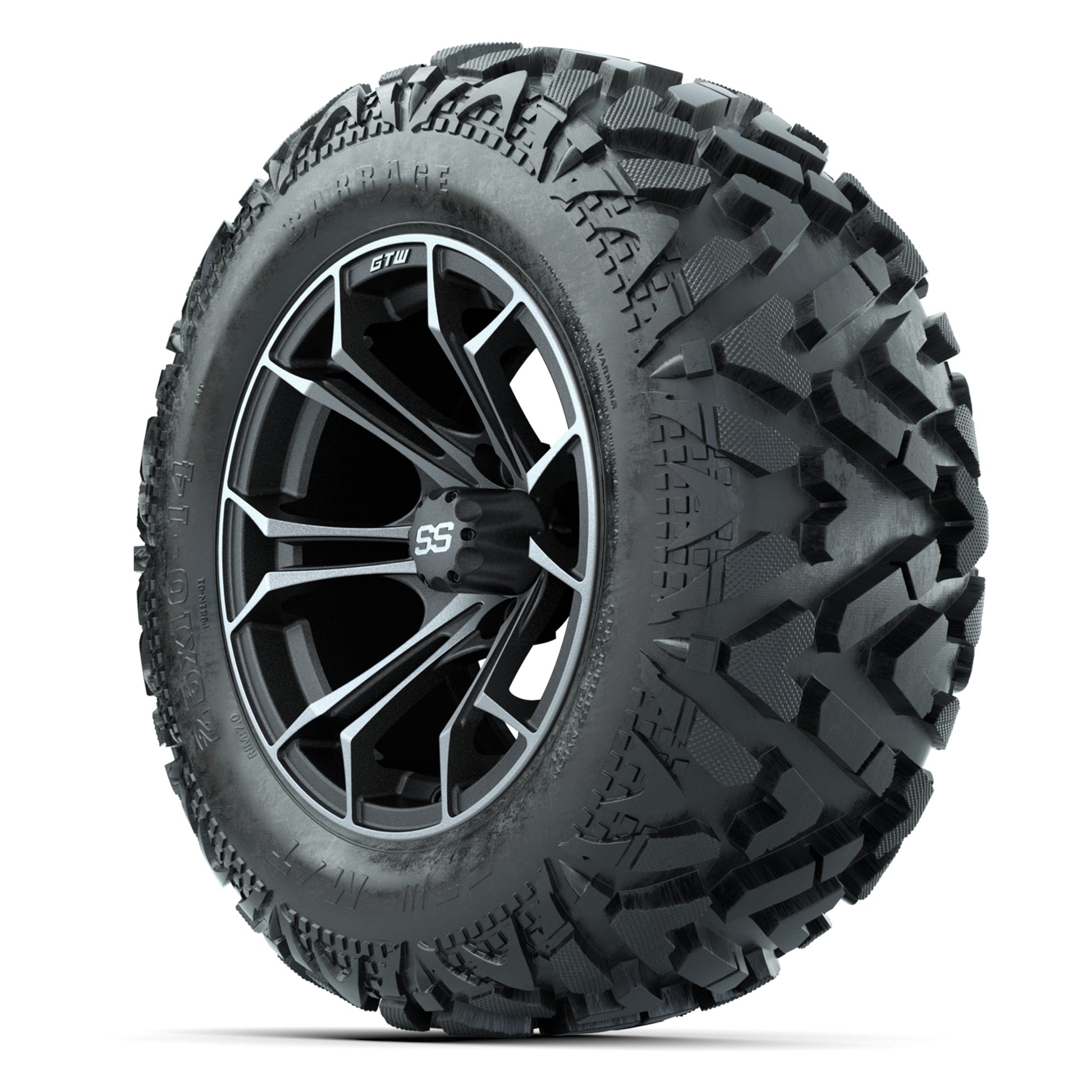 GTW Spyder Matte Gray/Machined 14 in Wheels with 25x10-14 Barrage Mud Tires – Full Set