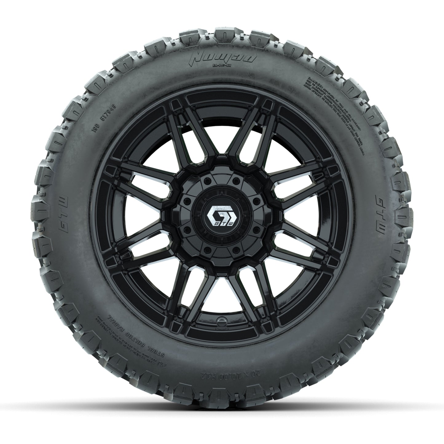 GTW® Stealth Gloss Black 12 in Wheels with 20X10-12 Nomad Steel Belt Radial All-Terrain Tires – Full Set
