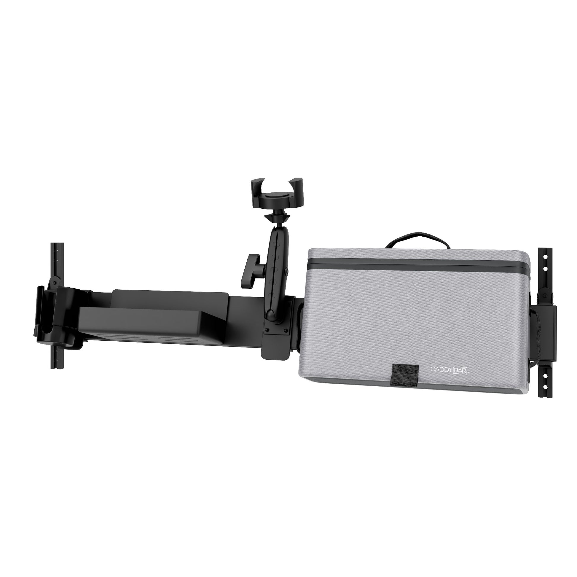 CADDYBARTM with One Tray, One Mobile Device Holder, One Cooler, and One Oversized Cup Holder Bundle
