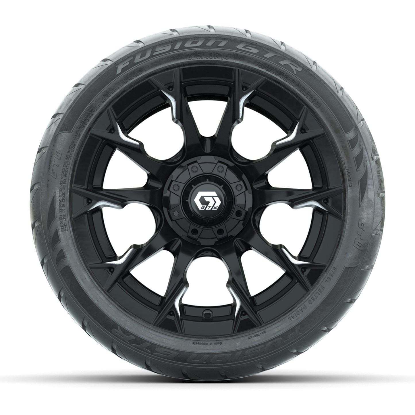 GTW® Diablo Gloss Black/Machined 14 in Wheels with 225/40-R14 Fusion GTR Steel Belt Radial Street Tires – Full Set
