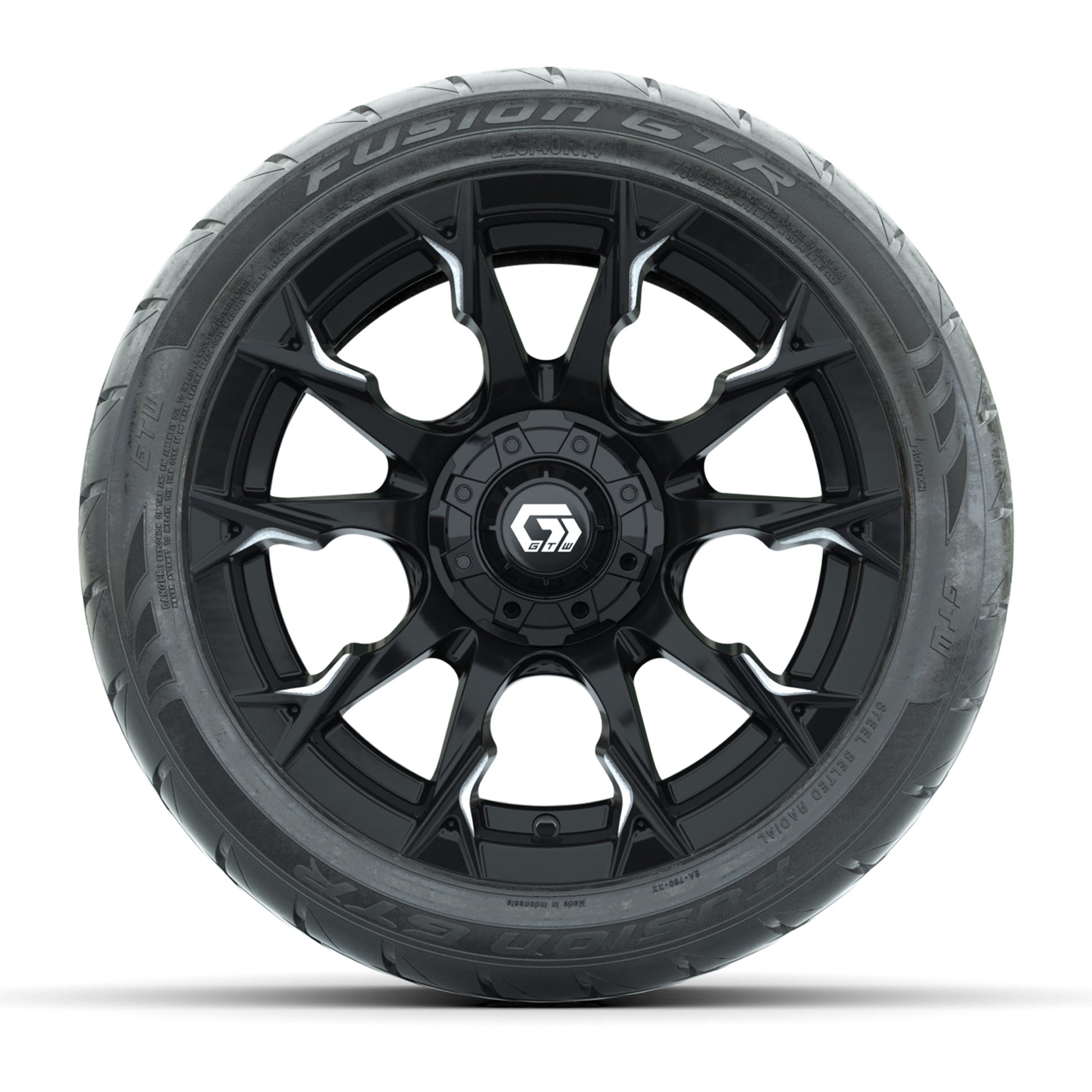 GTW® Diablo Gloss Black/Machined 14 in Wheels with 225/40-R14 Fusion GTR Steel Belt Radial Street Tires – Full Set