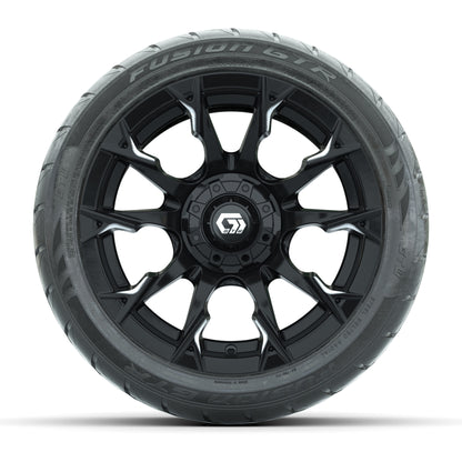 GTW® Diablo Gloss Black/Machined 14 in Wheels with 225/40-R14 Fusion GTR Steel Belt Radial Street Tires – Full Set