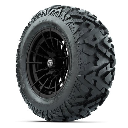 GTW Boost Gloss Black 14 in Wheels with 25x10-14 Barrage Mud Tires – Full Set