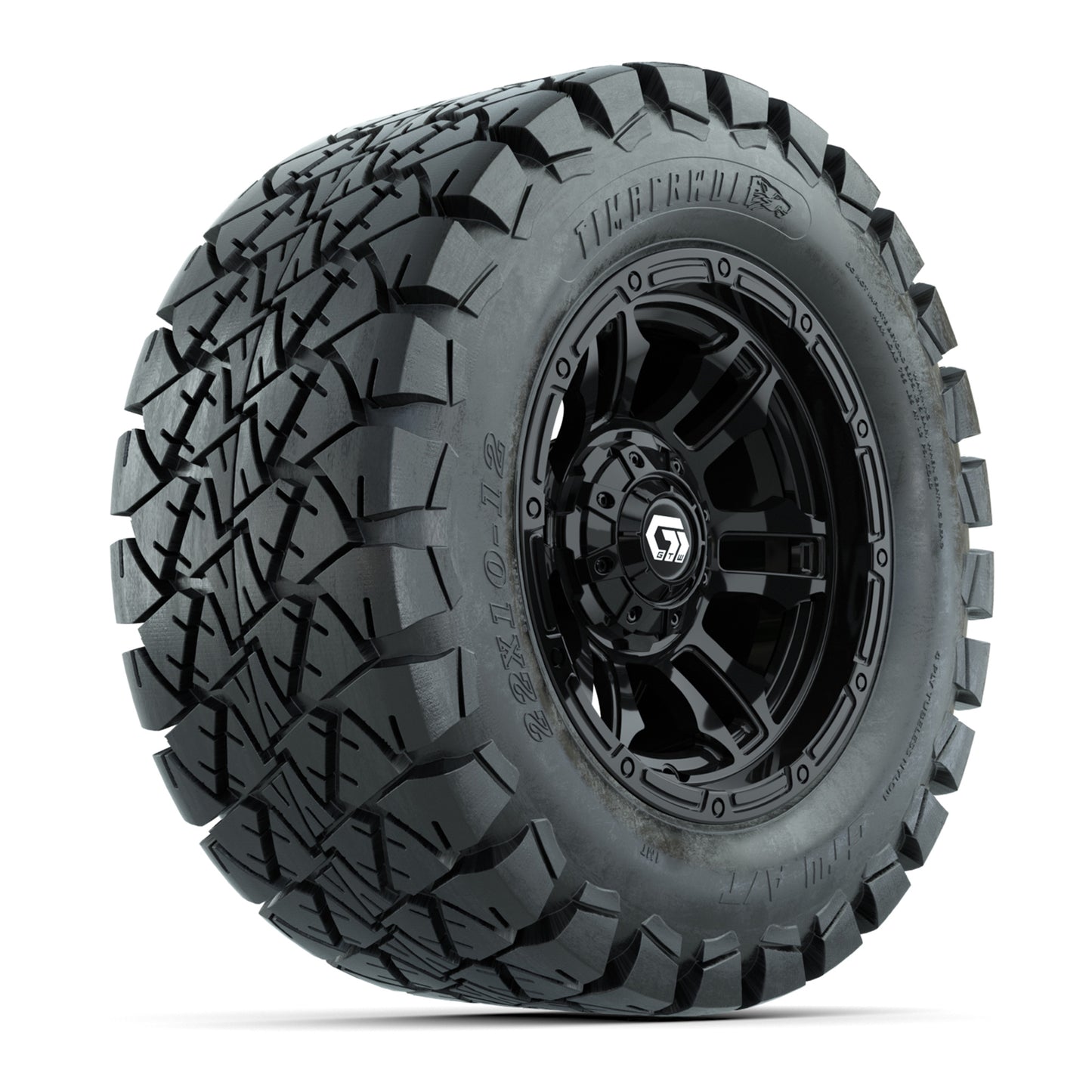 GTW® Shogun Gloss Black 12 in Wheels with 22x10-12 Timberwolf All-Terrain Tires – Full Set