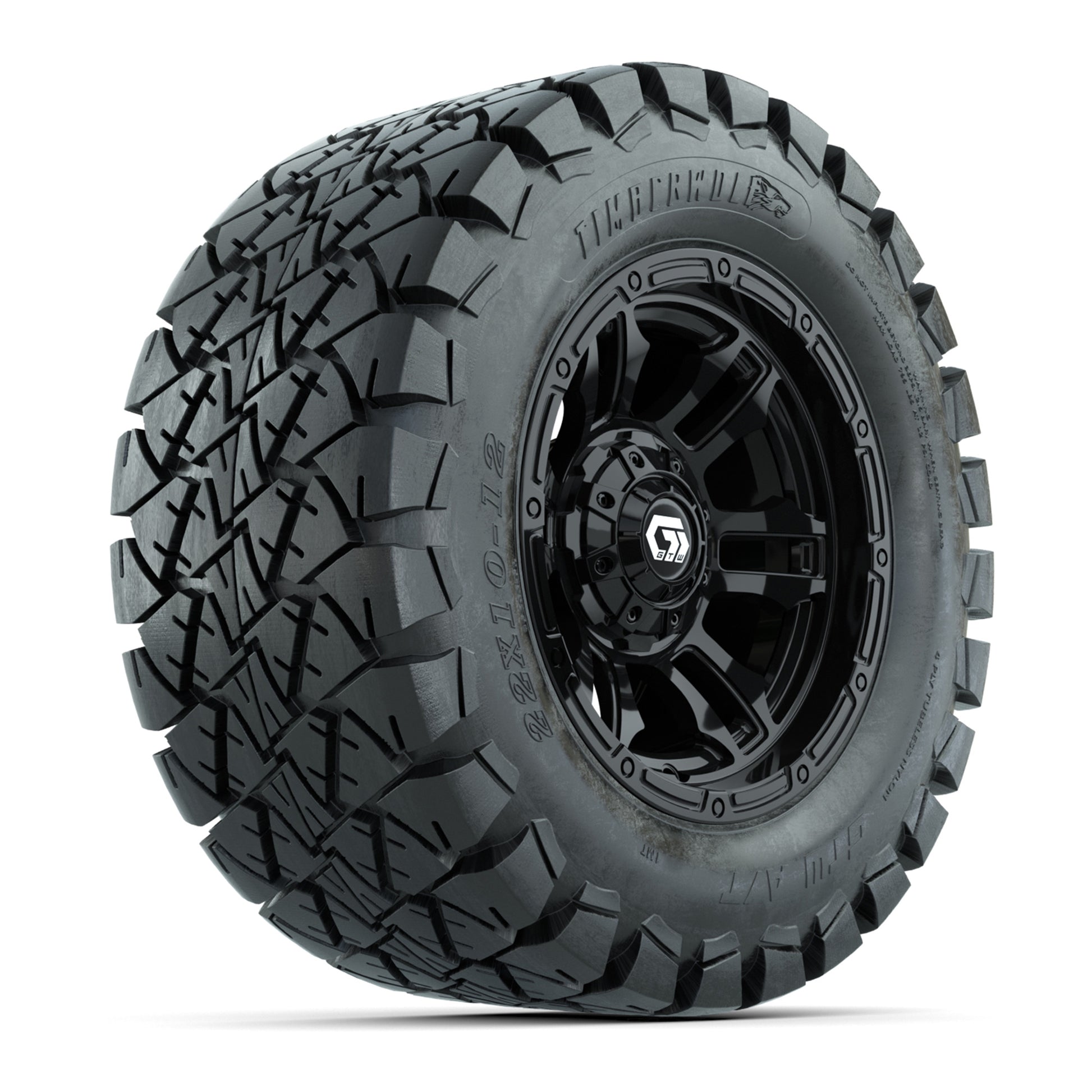 GTW® Shogun Gloss Black 12 in Wheels with 22x10-12 Timberwolf All-Terrain Tires – Full Set