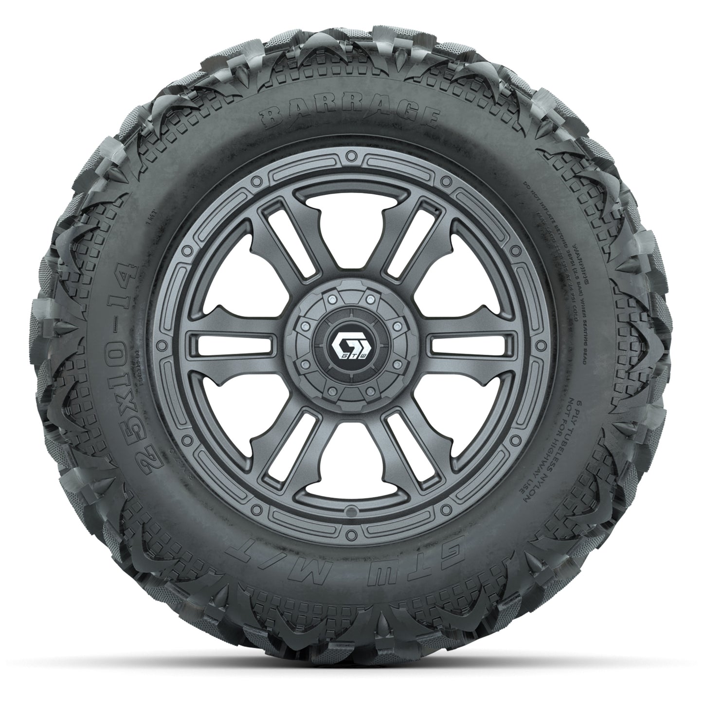 GTW Shogun Gunmetal 14 in Wheels with 25x10-14 Barrage Mud Tires – Full Set
