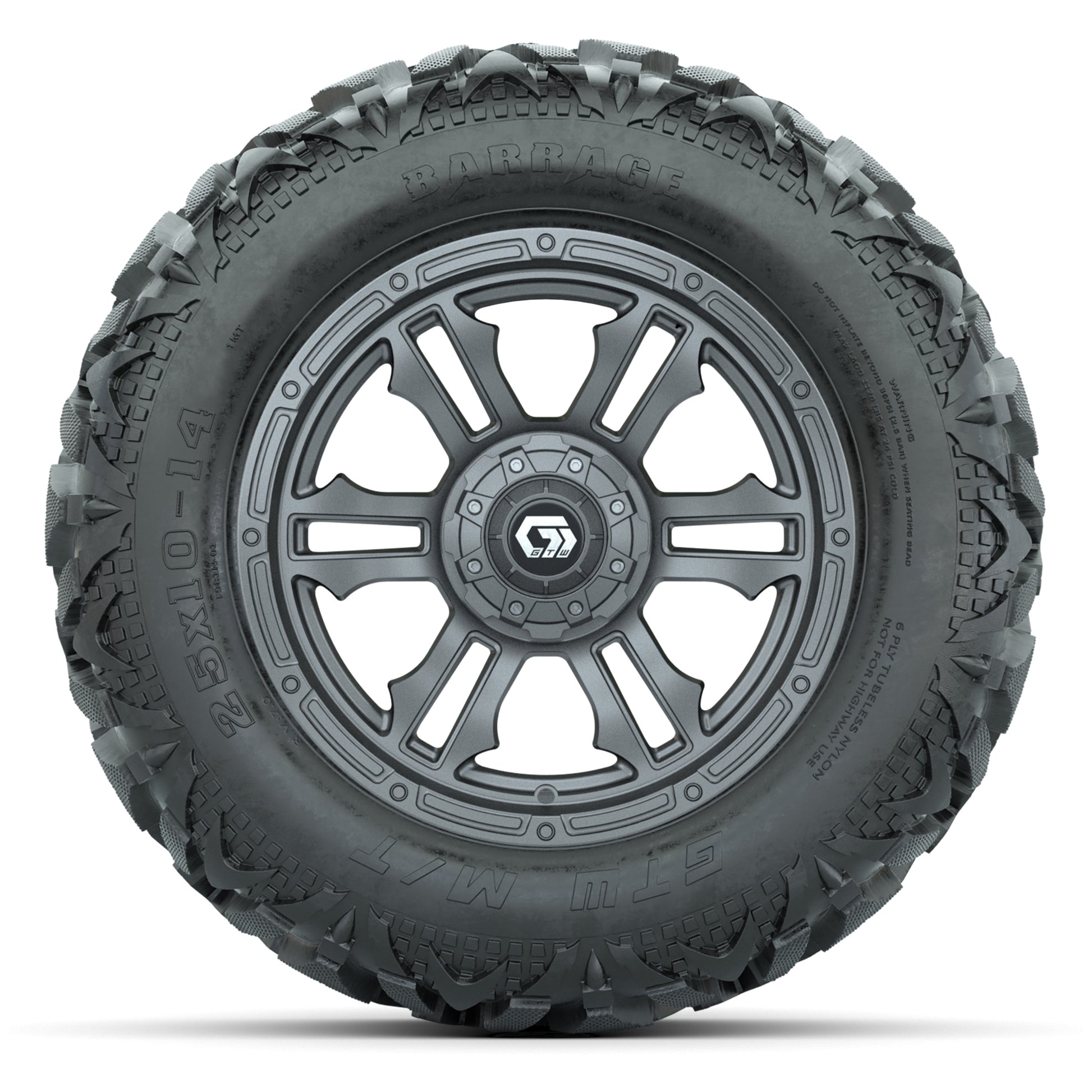 GTW Shogun Gunmetal 14 in Wheels with 25x10-14 Barrage Mud Tires – Full Set