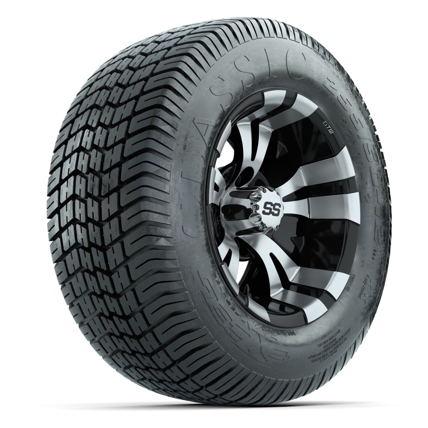 GTW® Vampire Black/Machined 12 in Wheels with 255/50-12 Excel Classic Street Tires – Full Set