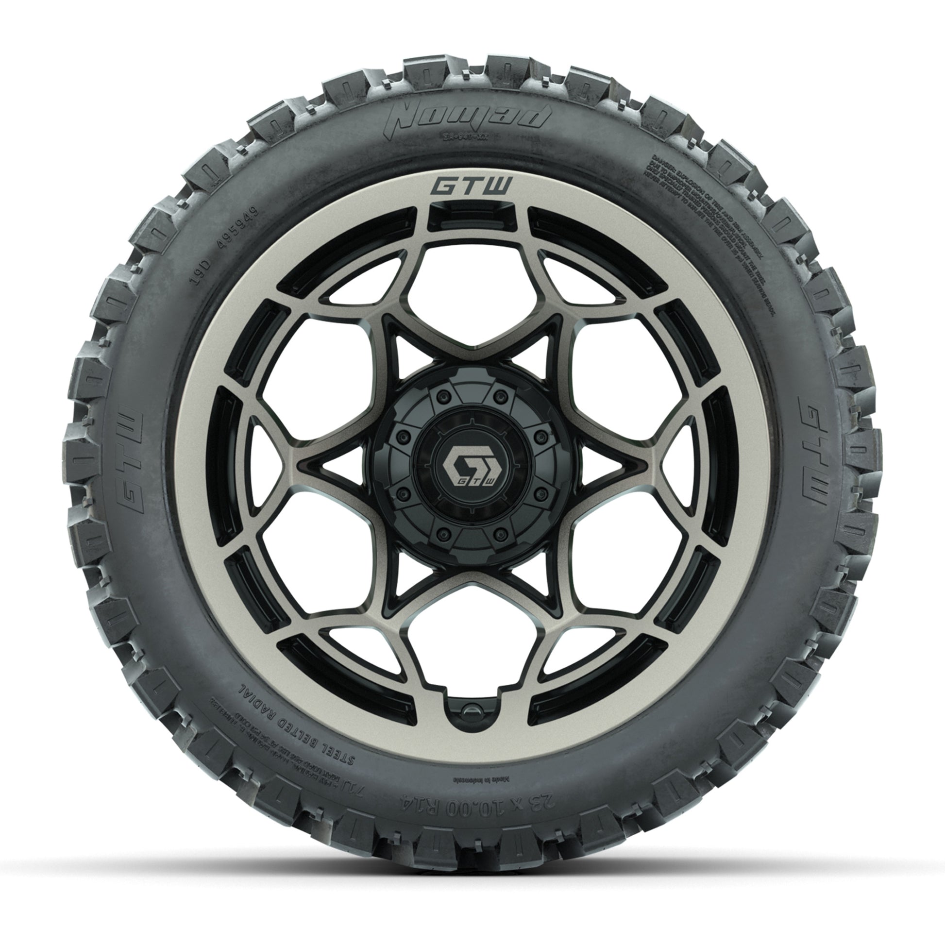 GTW® Nexus Black with Bronze Face 14 in Wheels with 23X10-R14 Nomad Steel Belt Radial All-Terrain Tires – Full Set