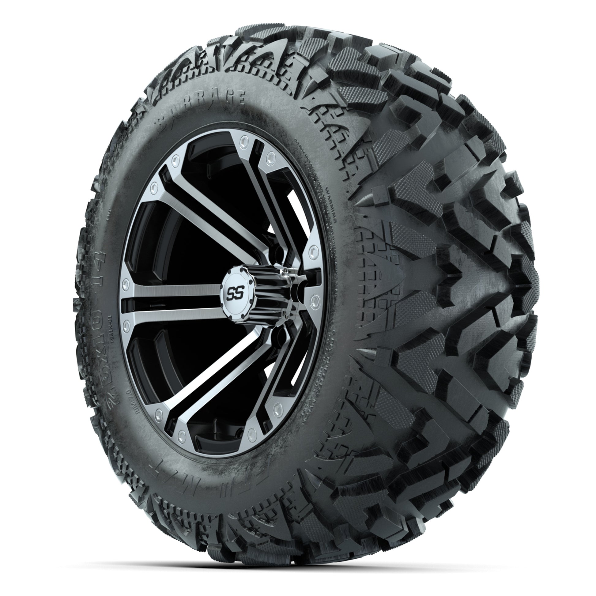 GTW Specter Black/Machined 14 in Wheels with 25x10-14 Barrage Mud Tires – Full Set