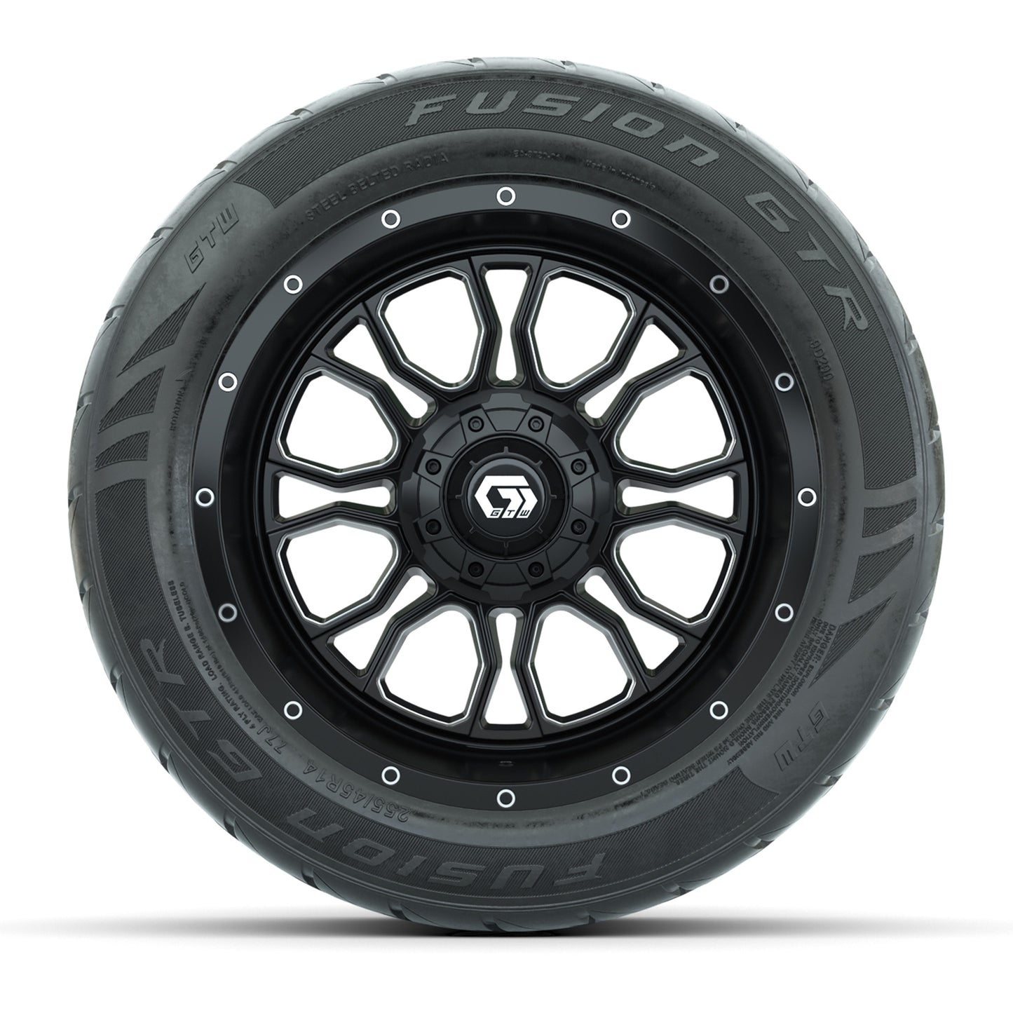GTW® Volt Black/Machined 14 in Wheels with 255/45-R14 Fusion GTR Steel Belt Radial Street Tires – Full Set