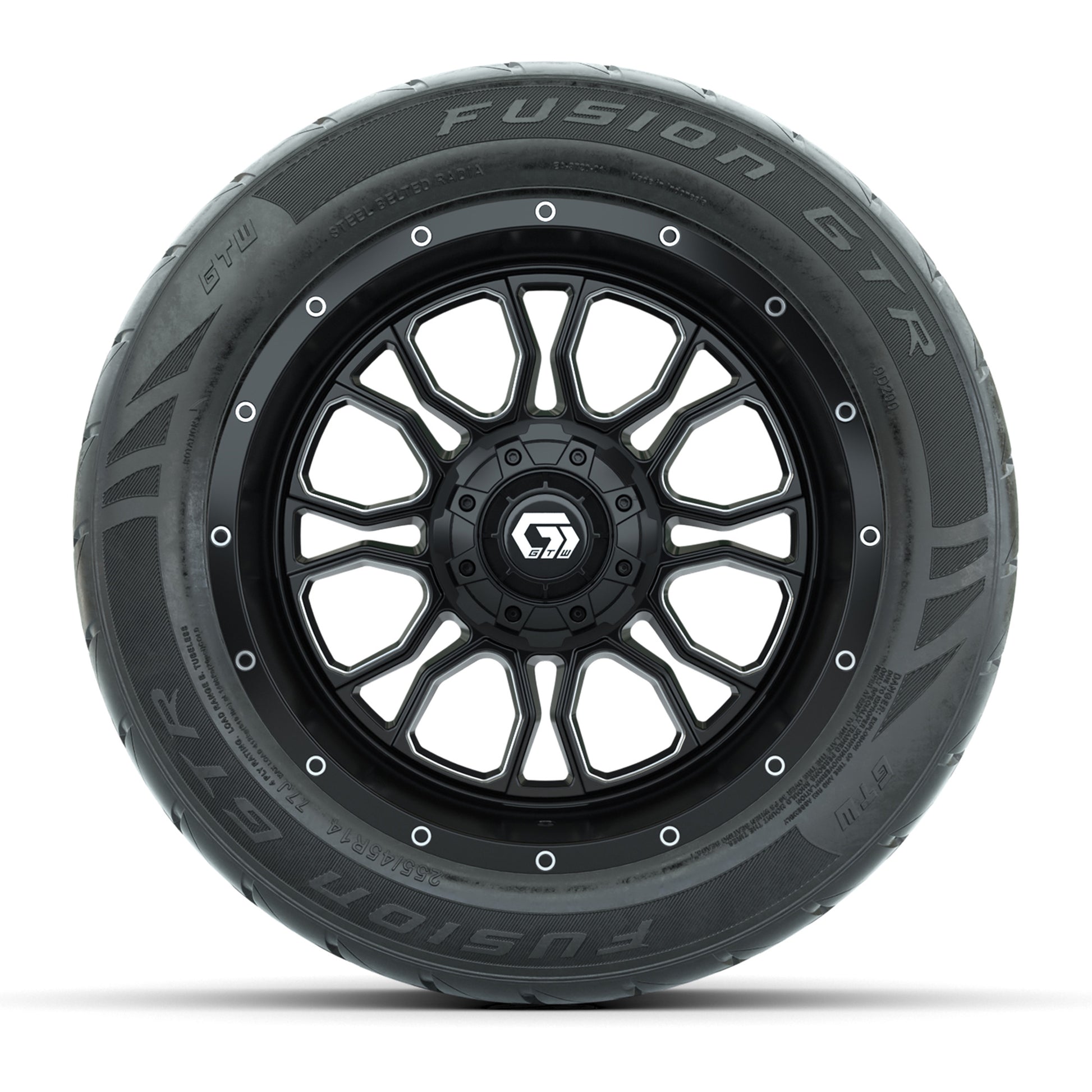 GTW® Volt Black/Machined 14 in Wheels with 255/45-R14 Fusion GTR Steel Belt Radial Street Tires – Full Set