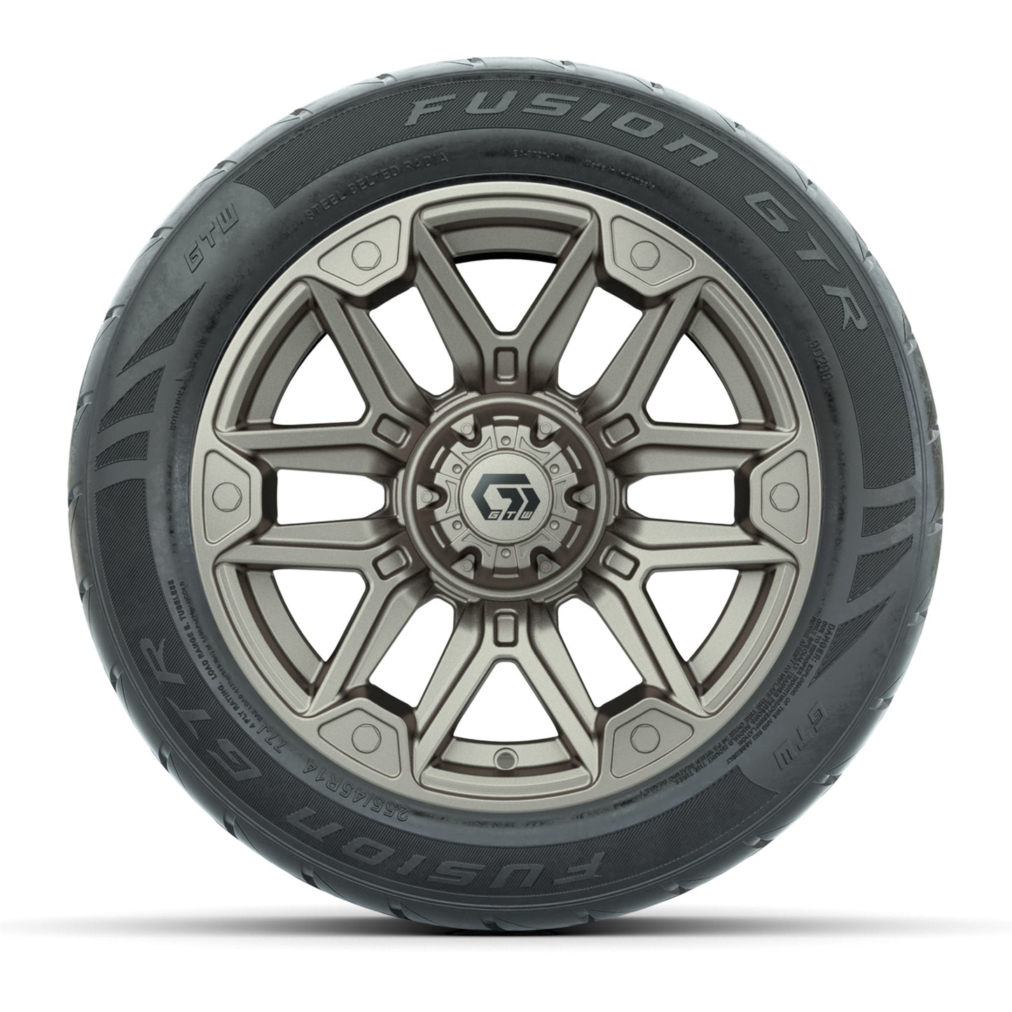 GTW® Graffiti Bronze/Black 14 in Wheels with 255/45-R14 Fusion GTR Steel Belt Radial Street Tires – Full Set