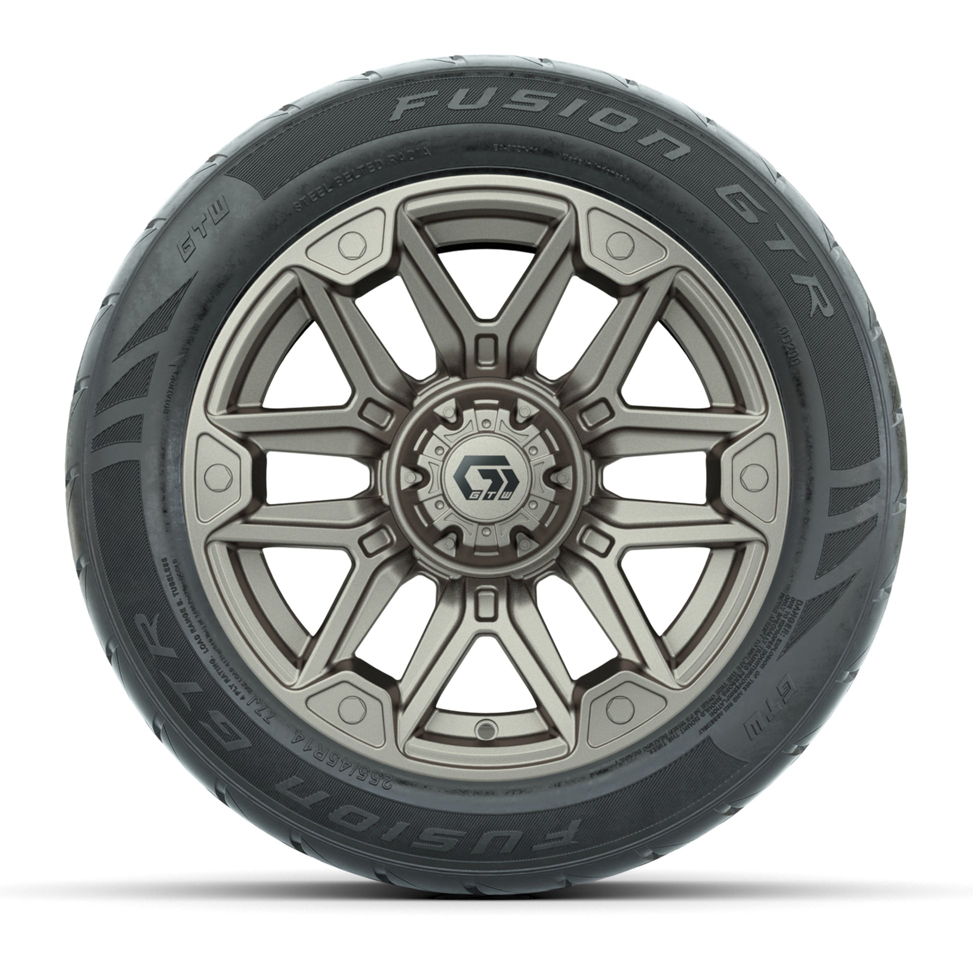 GTW® Graffiti Bronze/Black 14 in Wheels with 255/45-R14 Fusion GTR Steel Belt Radial Street Tires – Full Set
