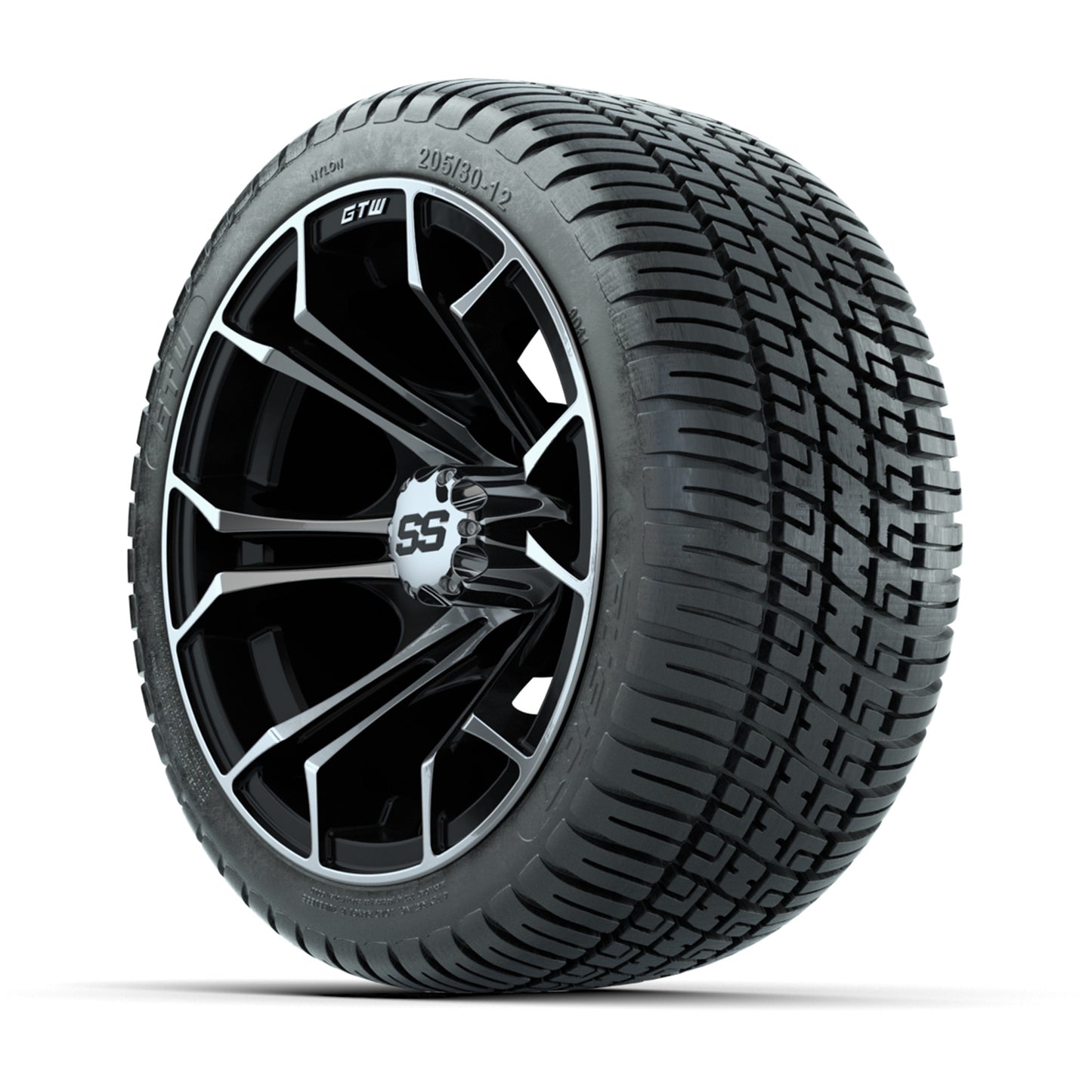 GTW Spyder Machined and Black 12 in Wheels with 18in Fusion Street Tires – Set of 4
