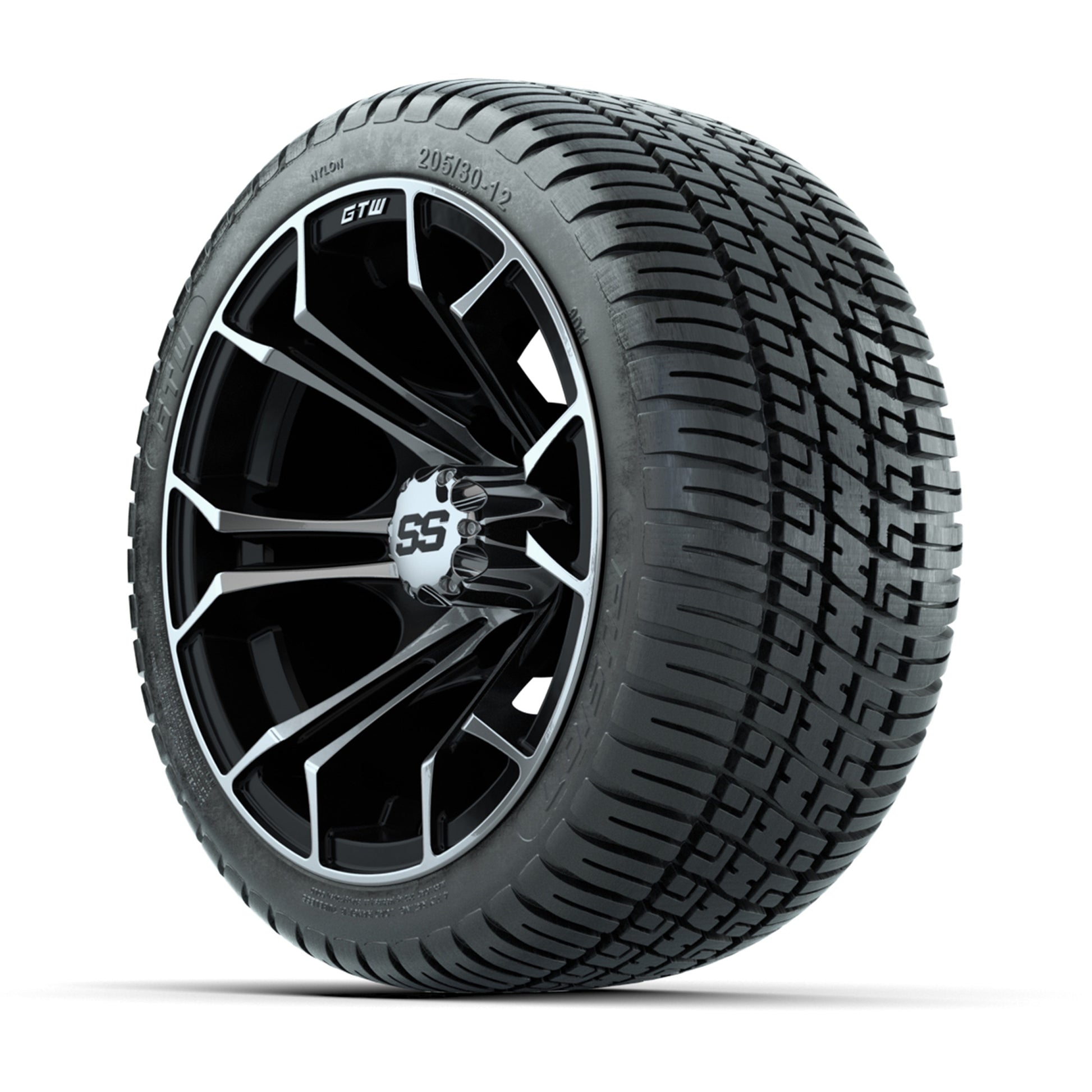GTW Spyder Machined and Black 12 in Wheels with 18in Fusion Street Tires – Set of 4