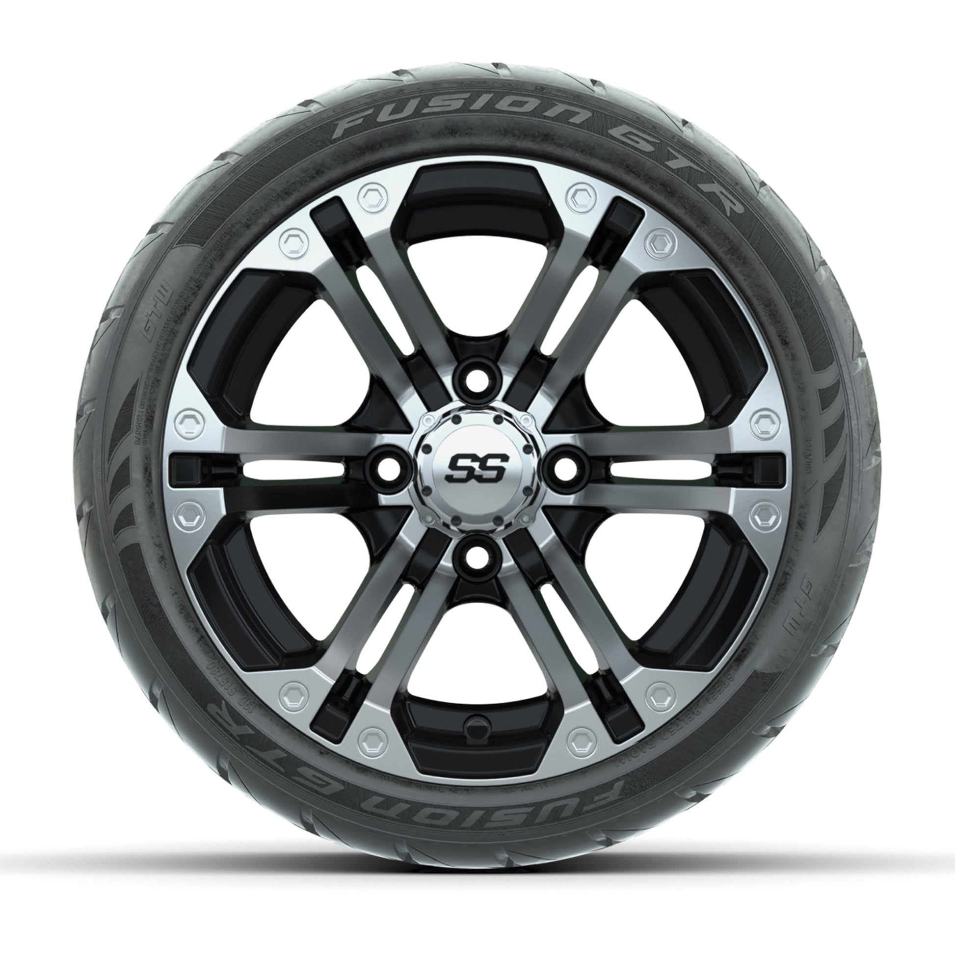 GTW® Specter Black/Machined 12 in Wheels with 215/40-R12 Fusion GTR Steel Belt Radial Street Tires – Full Set