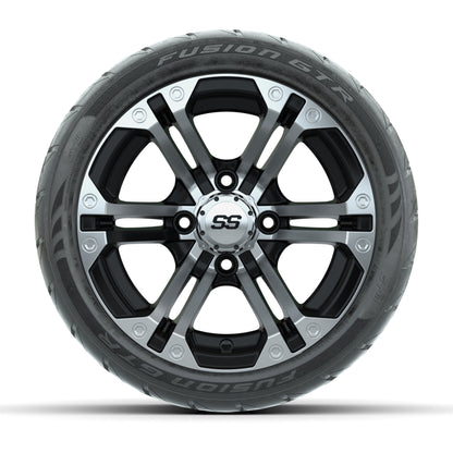 GTW® Specter Black/Machined 12 in Wheels with 215/40-R12 Fusion GTR Steel Belt Radial Street Tires – Full Set