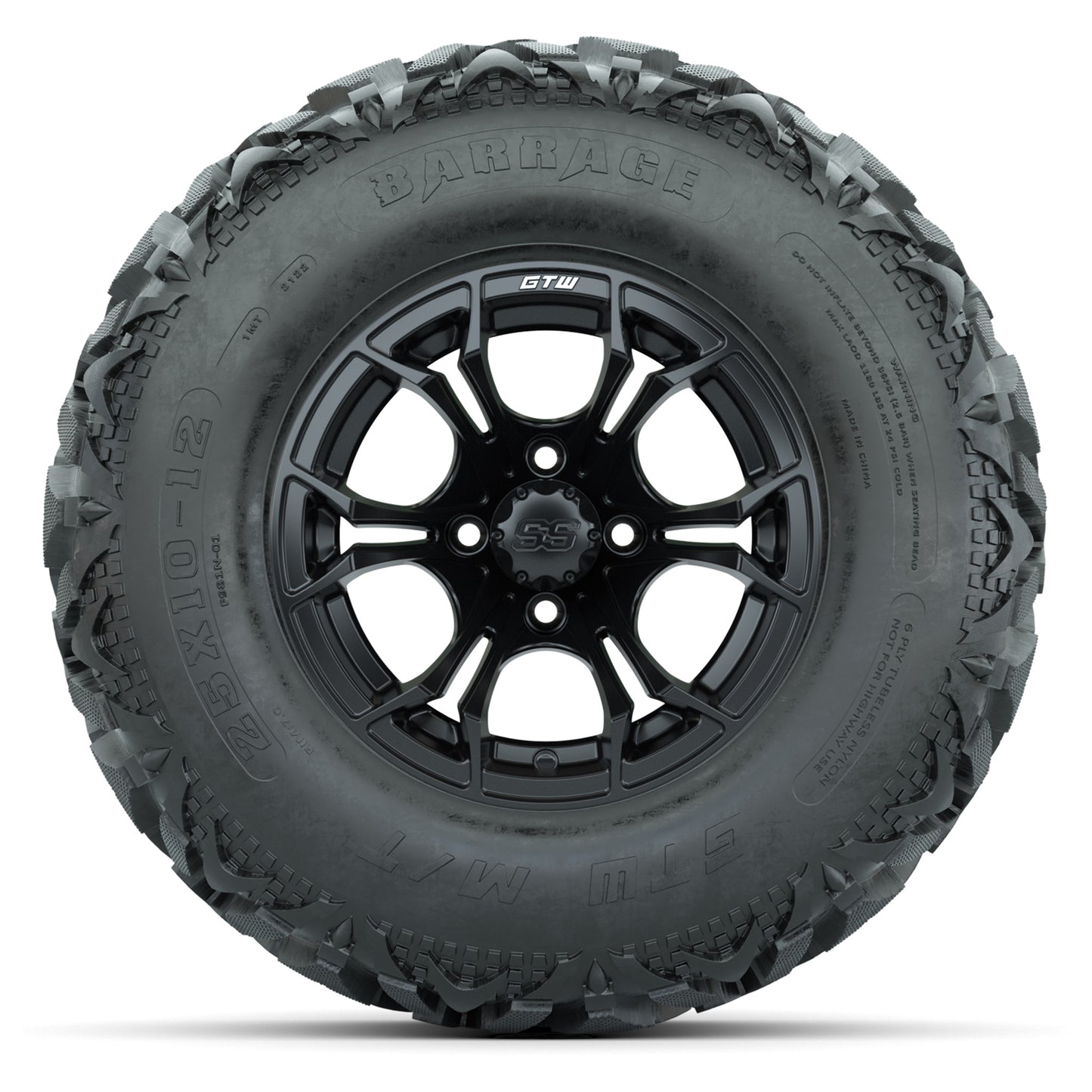 GTW® Spyder Matte Black 12 in Wheels with 25X10-12 Barrage Mud Tires – Full Set