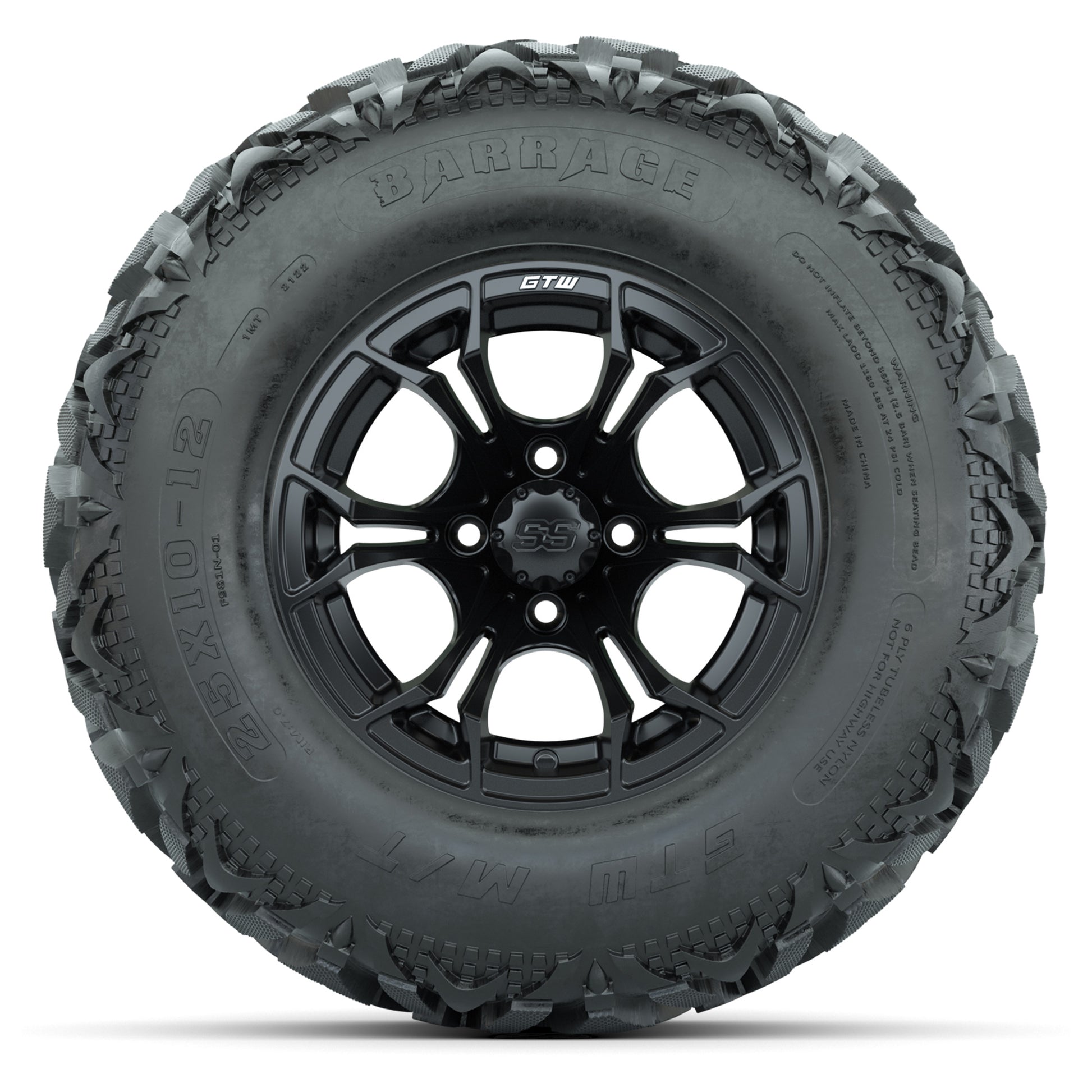 GTW® Spyder Matte Black 12 in Wheels with 25X10-12 Barrage Mud Tires – Full Set