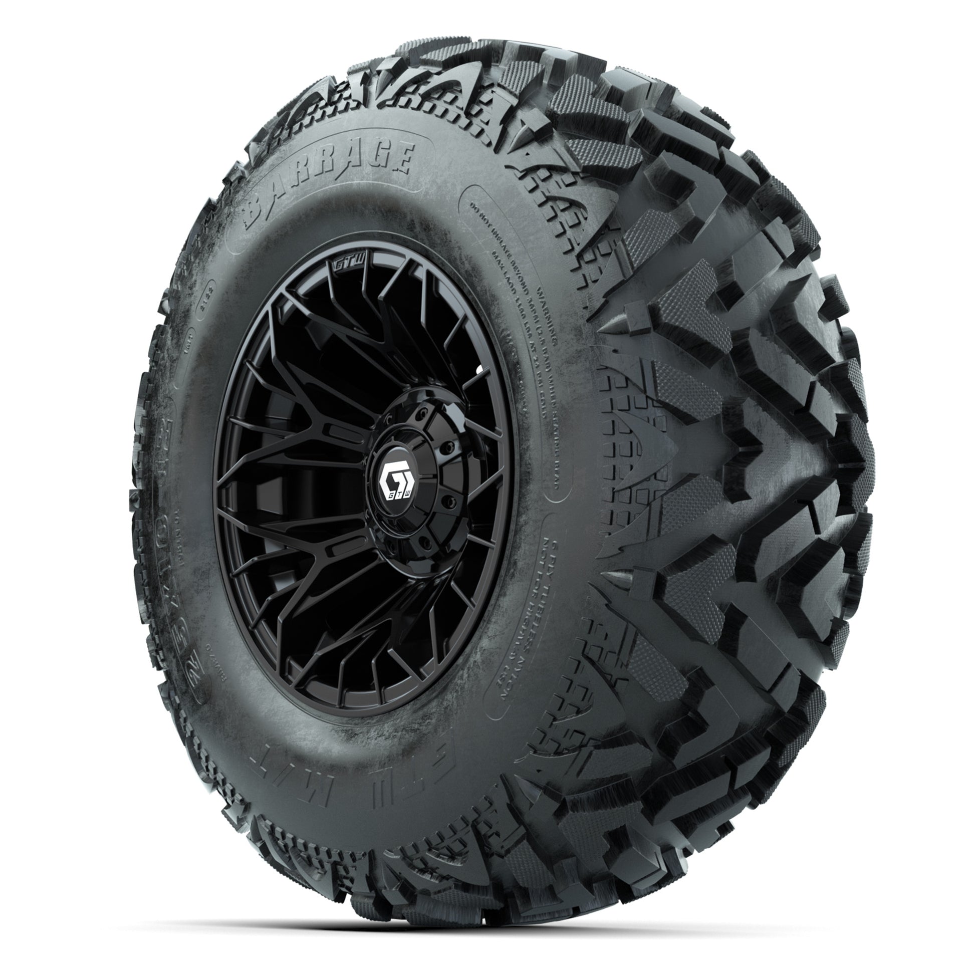 GTW® Stellar Black 12 in Wheels with 25X10-12 Barrage Mud Tires – Full Set