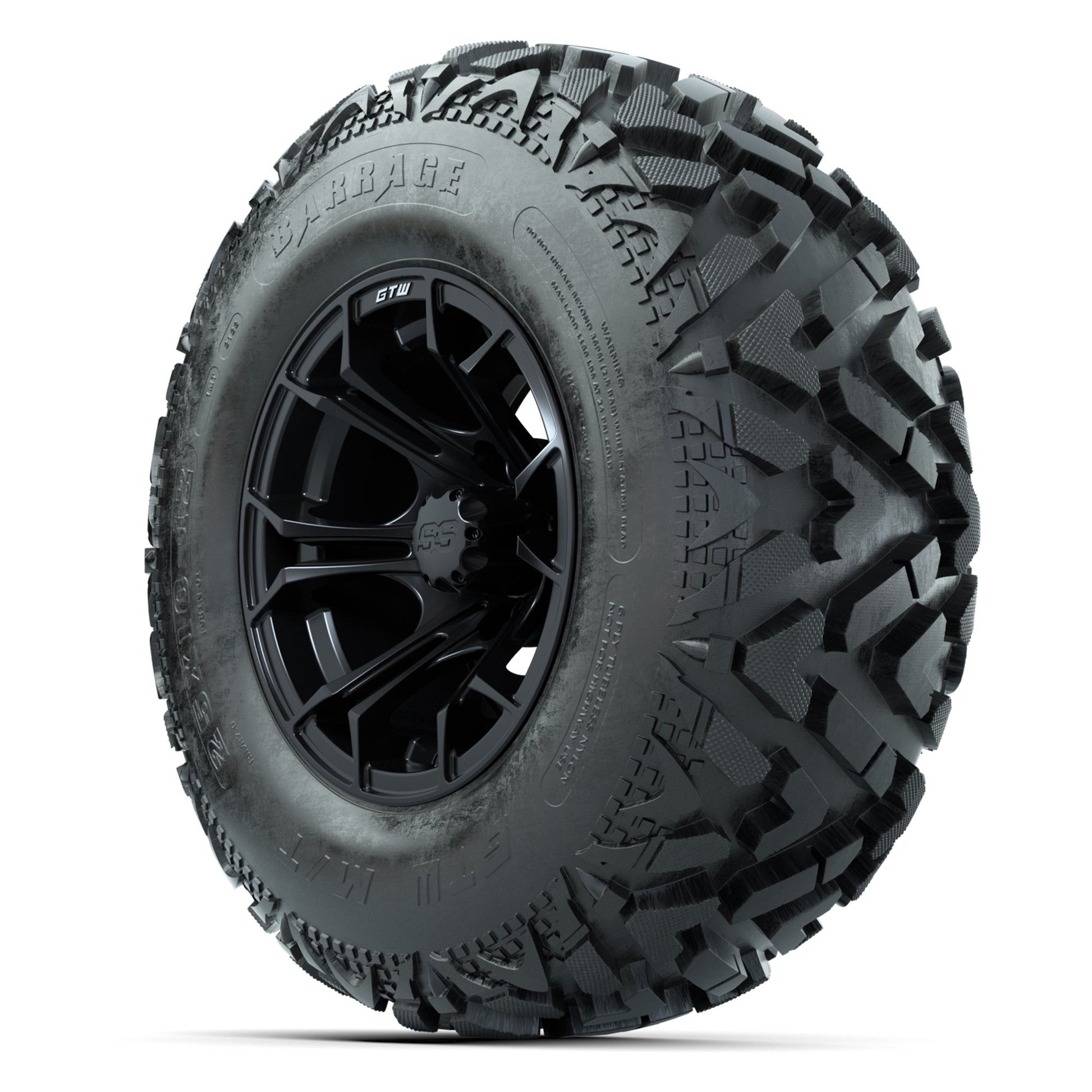 GTW® Spyder Matte Black 12 in Wheels with 25X10-12 Barrage Mud Tires – Full Set