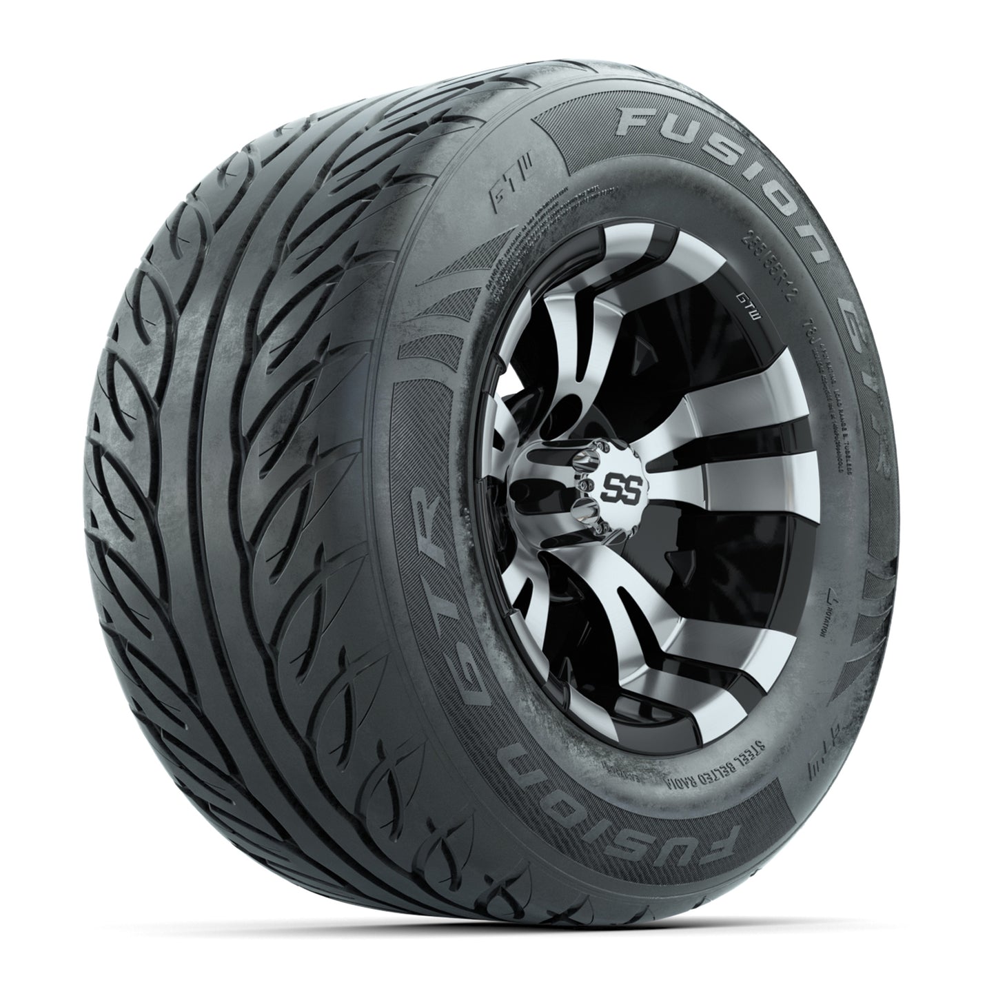 GTW® Vampire Black/Machined 12 in Wheels with 255/55-R12 Fusion GTR Steel Belt Radial Street Tires – Full Set