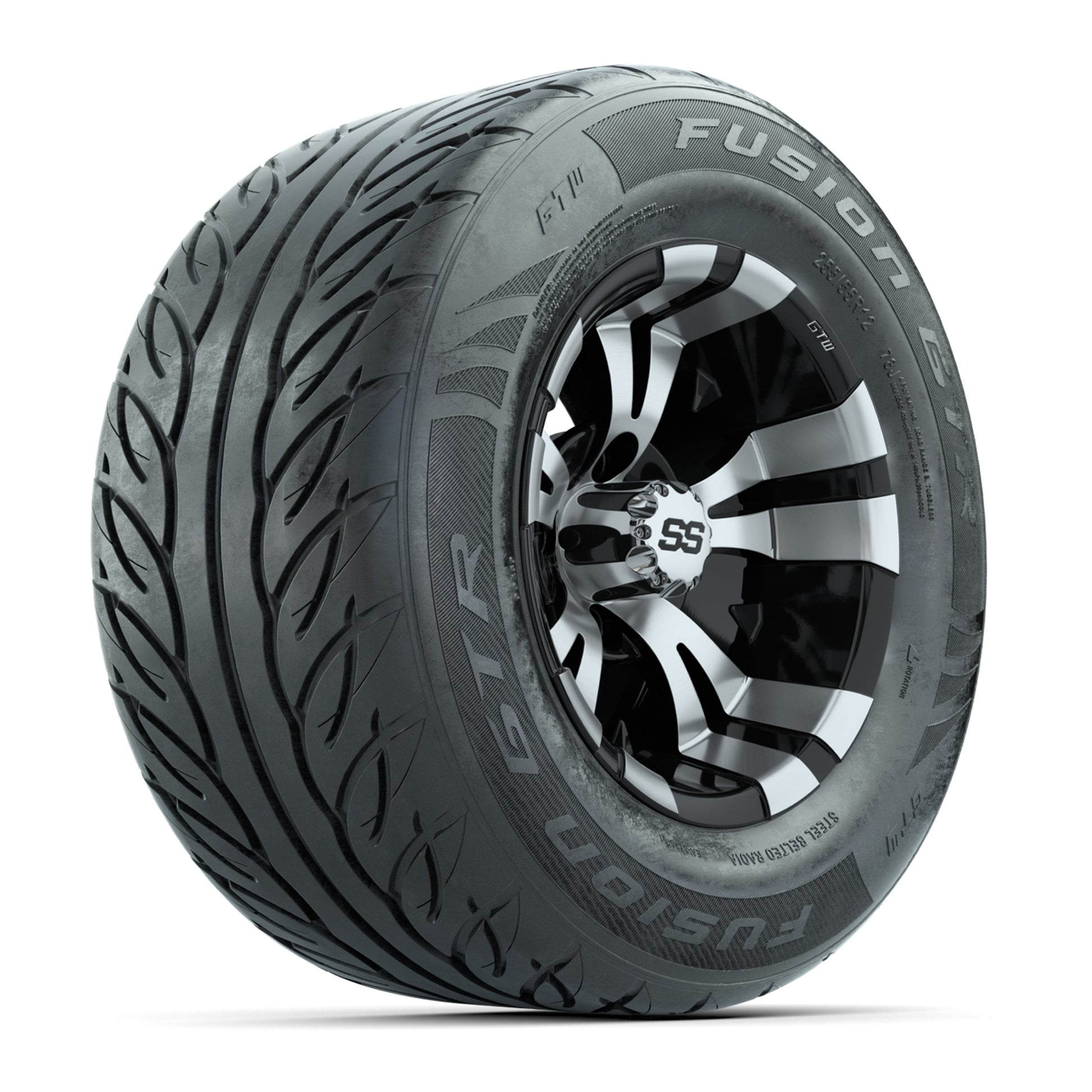 GTW® Vampire Black/Machined 12 in Wheels with 255/55-R12 Fusion GTR Steel Belt Radial Street Tires – Full Set