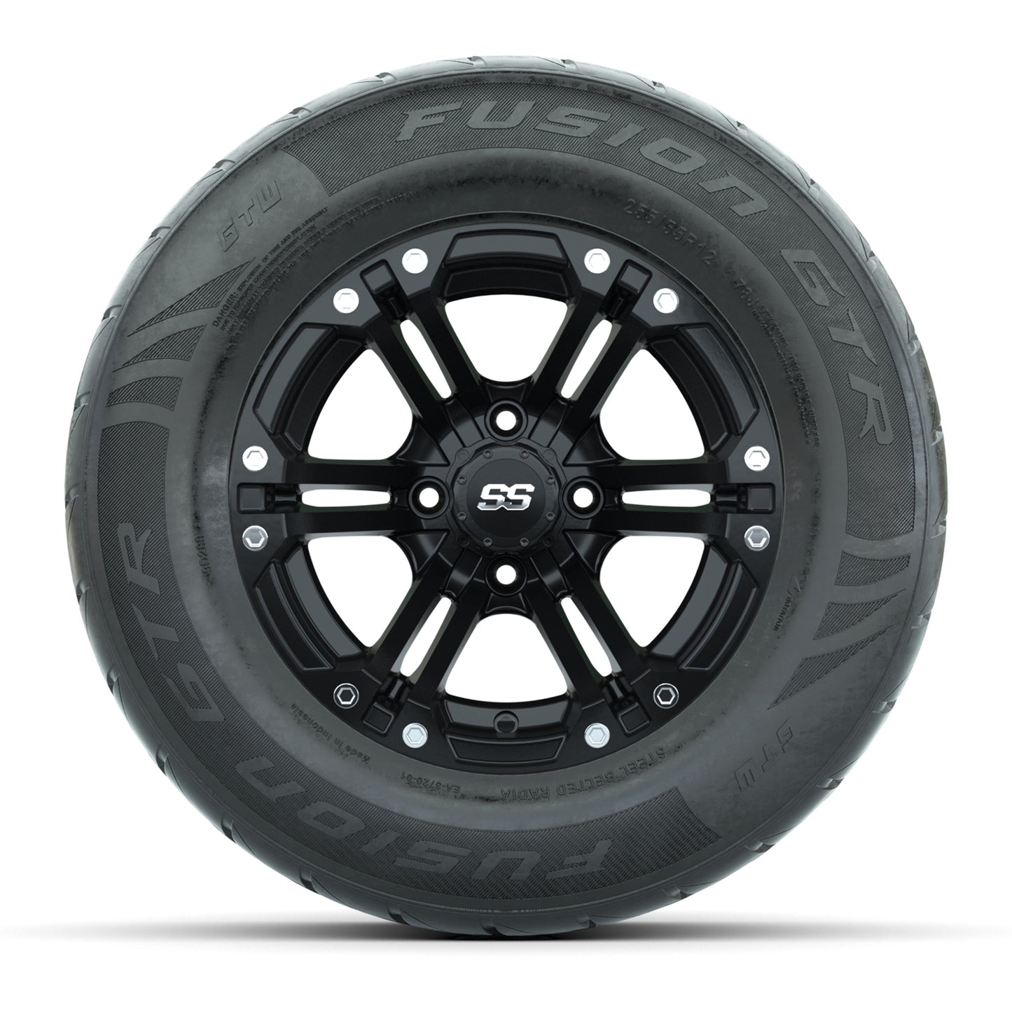 GTW® Specter Matte Black 12 in Wheels with 255/55-R12 Fusion GTR Steel Belt Radial Street Tires – Full Set