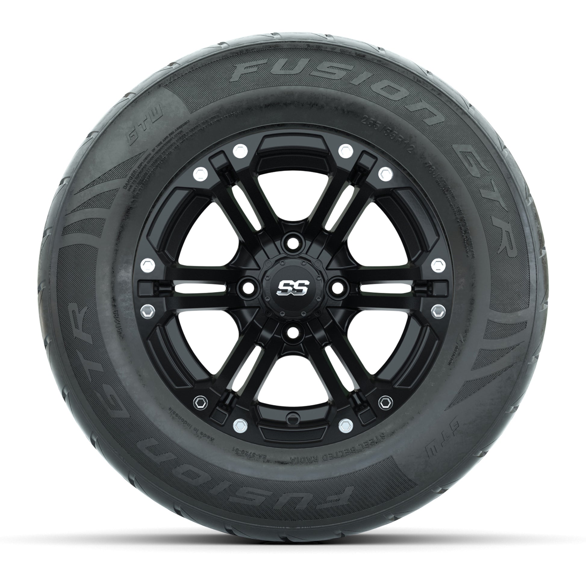 GTW® Specter Matte Black 12 in Wheels with 255/55-R12 Fusion GTR Steel Belt Radial Street Tires – Full Set