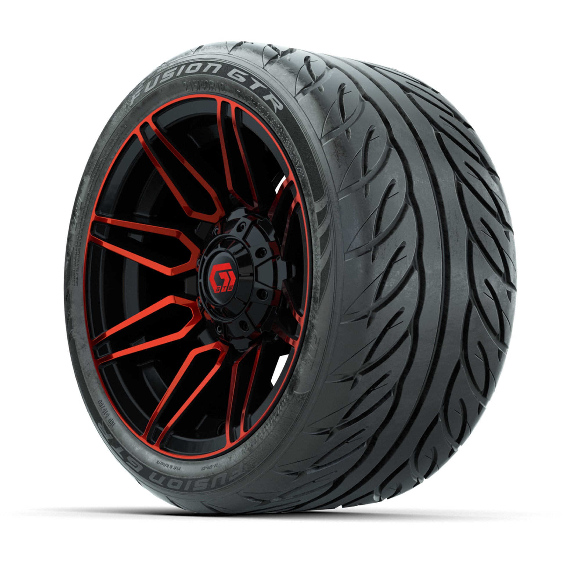 GTW® Stealth Red/Machined 12 in Wheels with 215/40-R12 Fusion GTR Steel Belt Radial Street Tires – Full Set