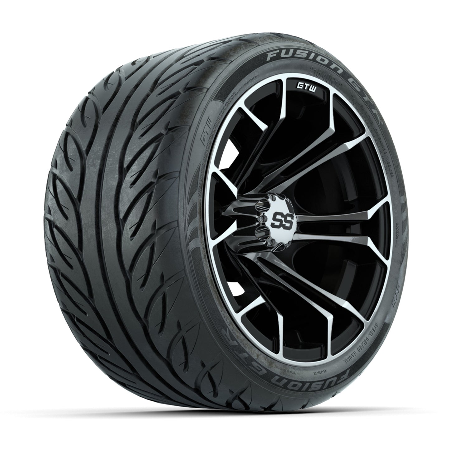 GTW® Spyder Black/Machined 12 in Wheels with 215/40-R12 Fusion GTR Steel Belt Radial Street Tires – Full Set