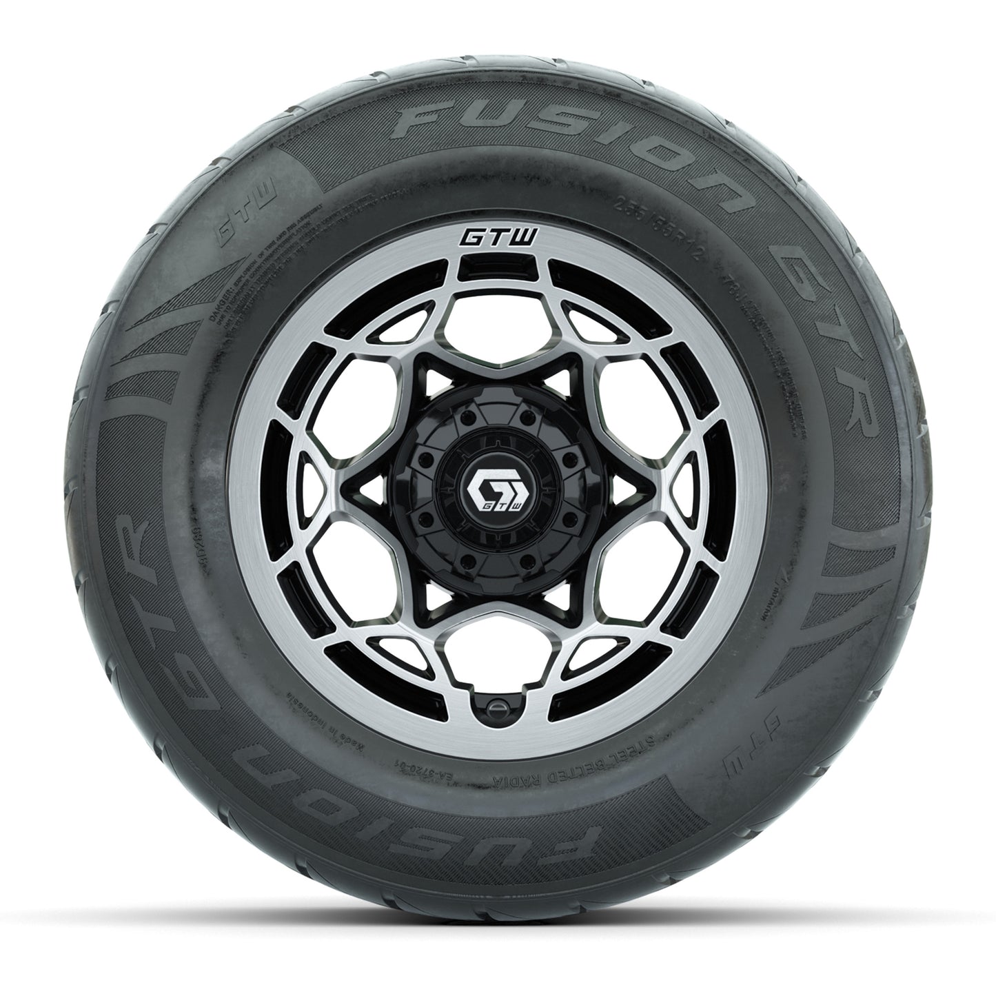 GTW® Nexus Black with Silver Face 12 in Wheels with 255/55-R12 Fusion GTR Steel Belt Radial Street Tires - Full Set