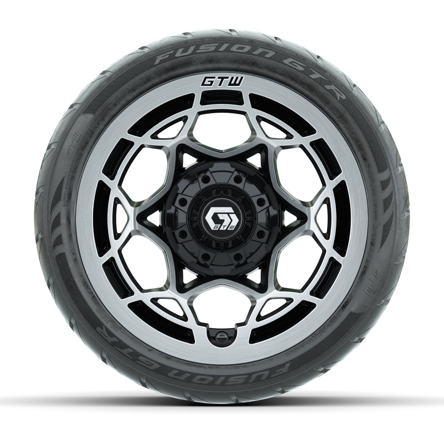 GTW® Nexus Black with Silver Face 12 in Wheels with 215/40-R12 Fusion GTR Steel Belt Radial Street Tires – Full Set
