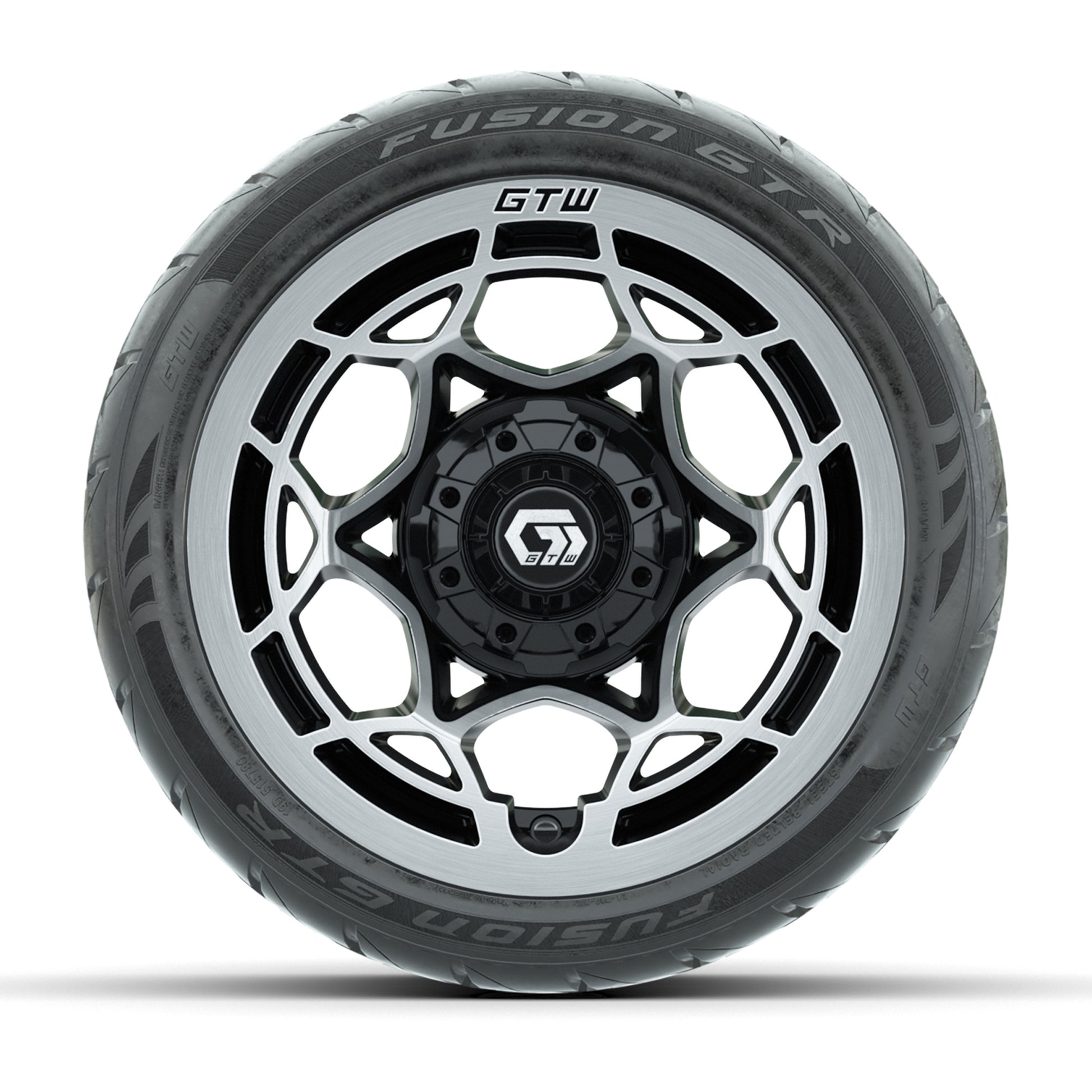 GTW® Nexus Black with Silver Face 12 in Wheels with 215/40-R12 Fusion GTR Steel Belt Radial Street Tires – Full Set