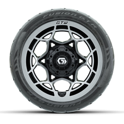 GTW® Nexus Black with Silver Face 12 in Wheels with 215/40-R12 Fusion GTR Steel Belt Radial Street Tires – Full Set